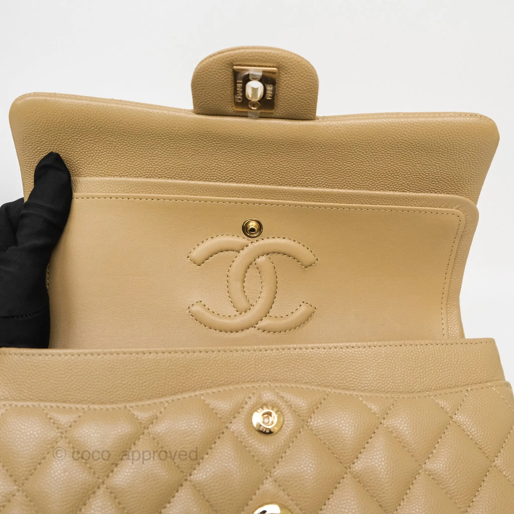 Chanel Small S/M Classic Flap Dark Beige Caviar Gold Hardware 21A