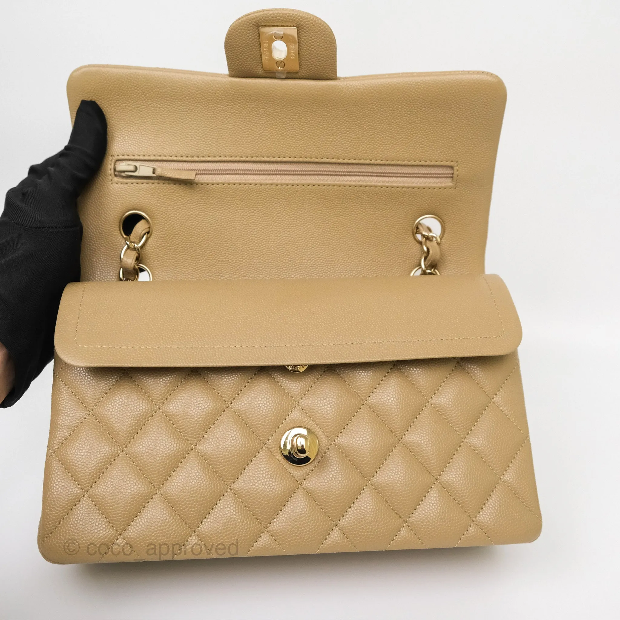 Chanel Small S/M Classic Flap Dark Beige Caviar Gold Hardware 21A