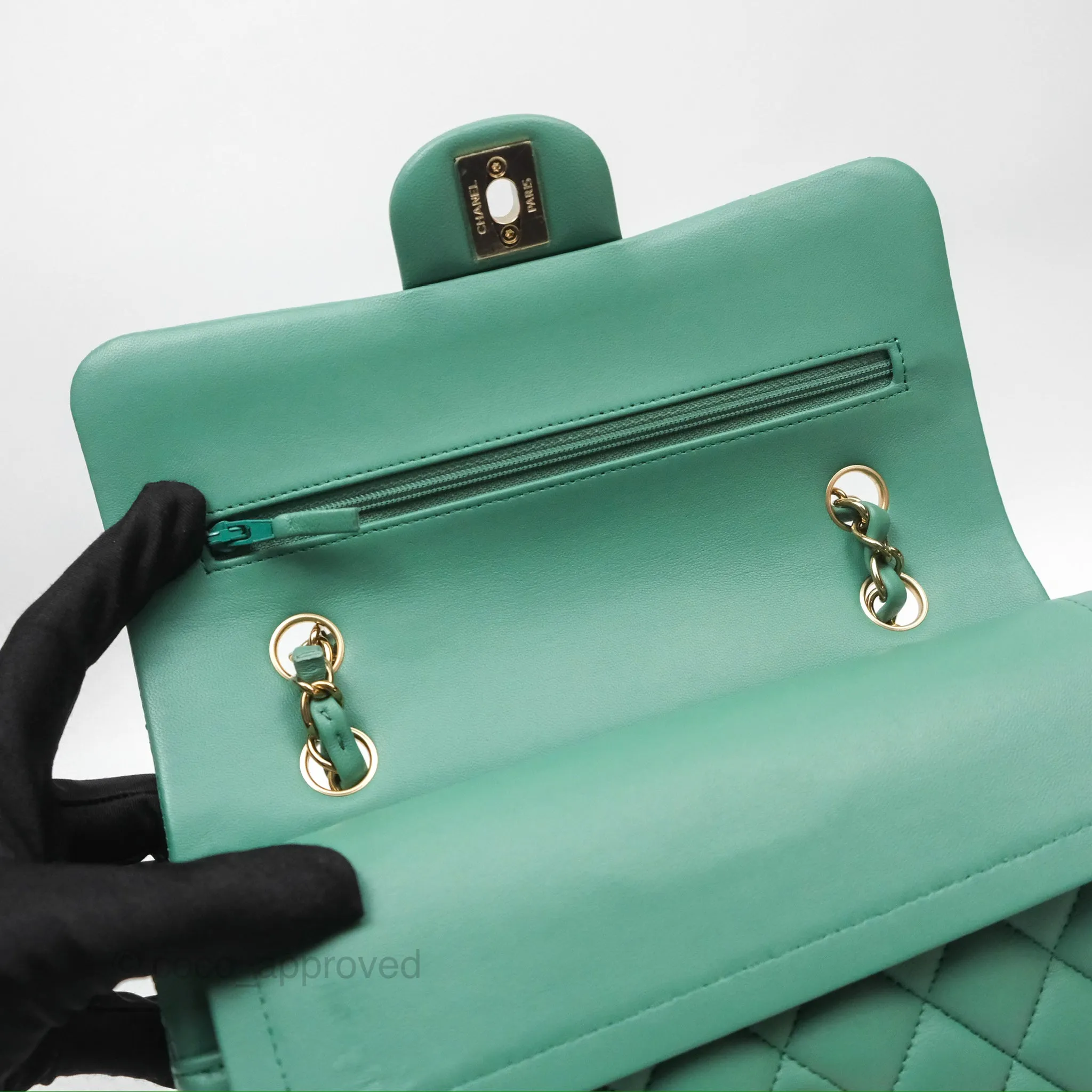 Chanel Small S/M Classic Flap Green Lambskin Gold Hardware