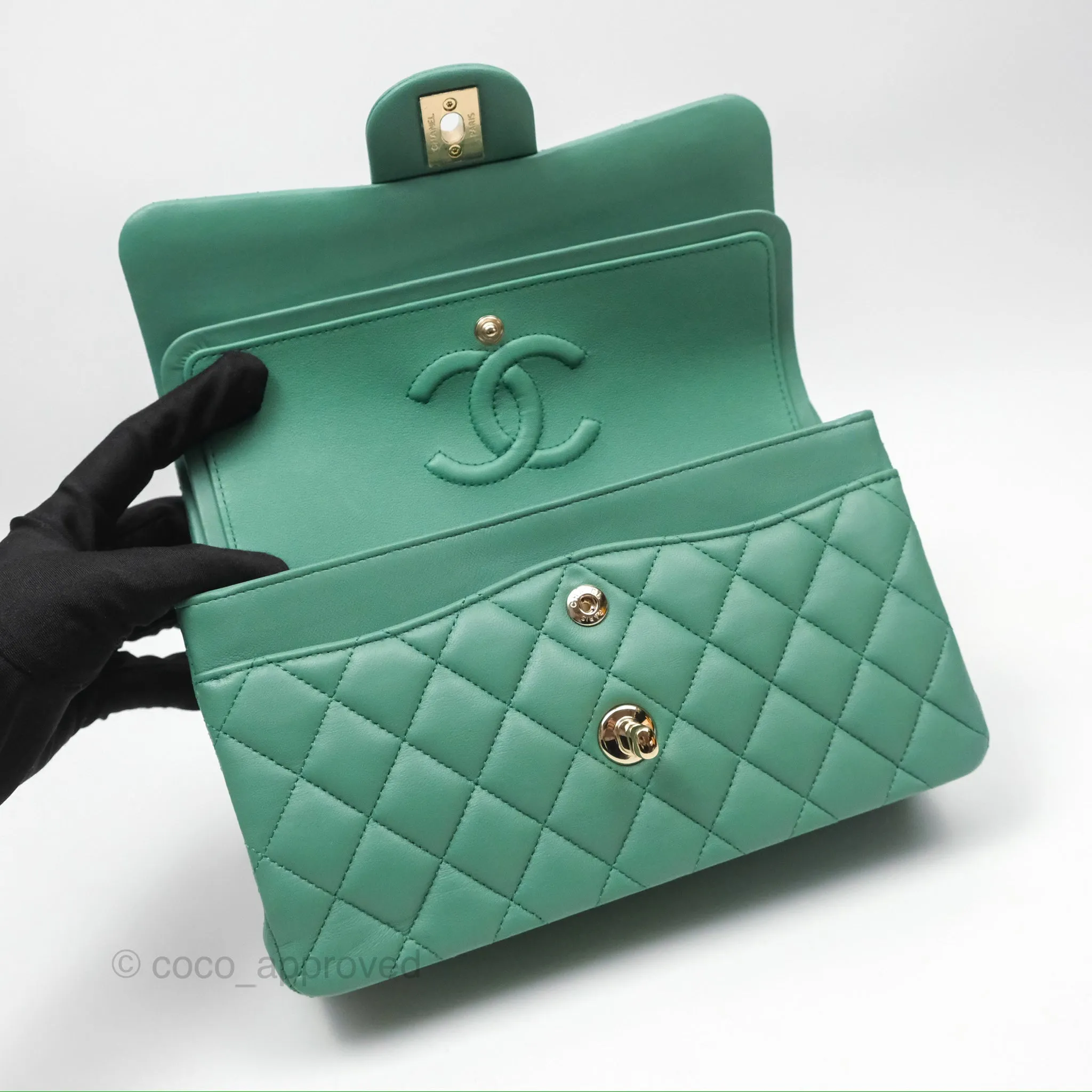 Chanel Small S/M Classic Flap Green Lambskin Gold Hardware