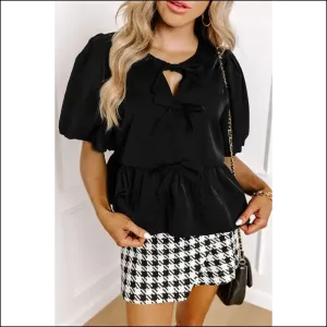 Chic Black Puff Sleeve Blouse Bow Down Bitches