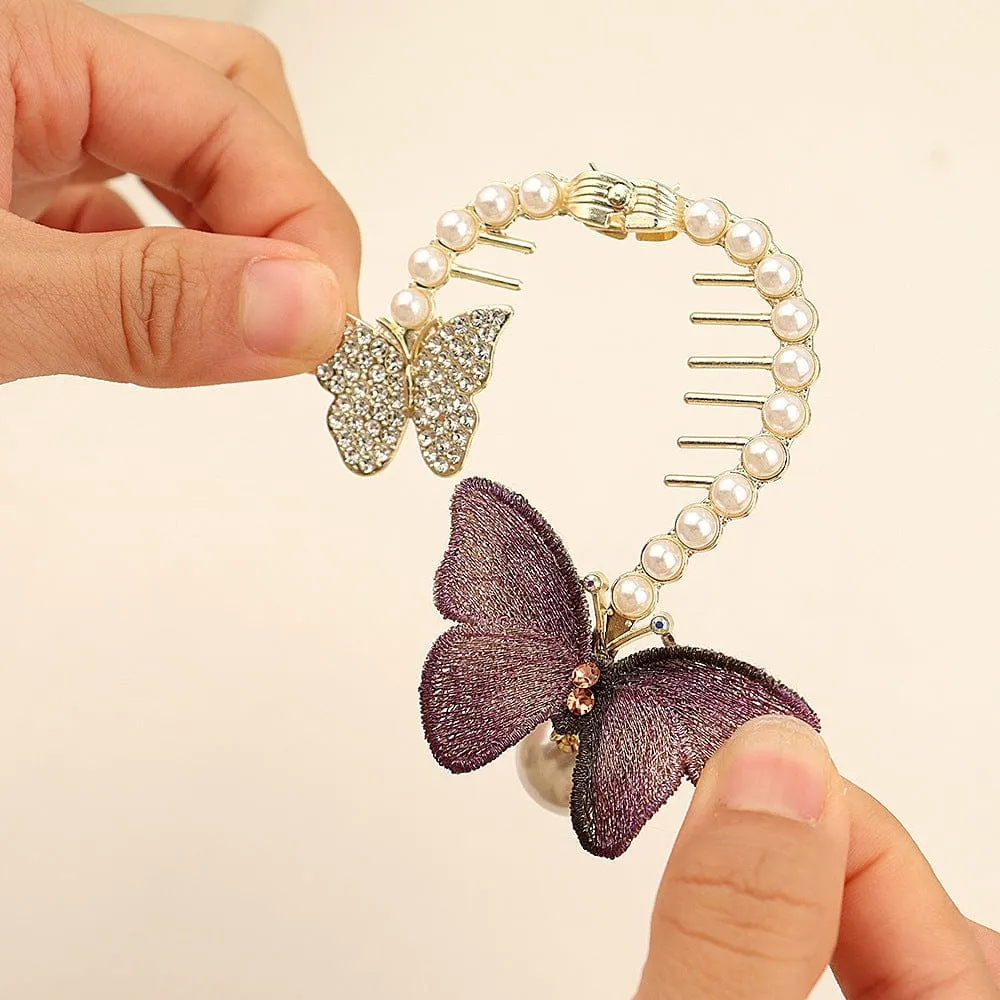 Chic CZ Inlaid Butterfly Pearl Chignon Hair Claw Clip