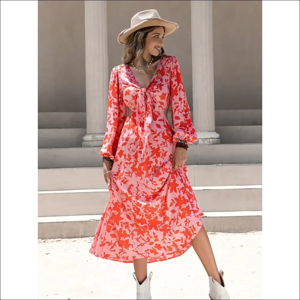 Chic Tied Cutout Printed Long Sleeve Midi Dress