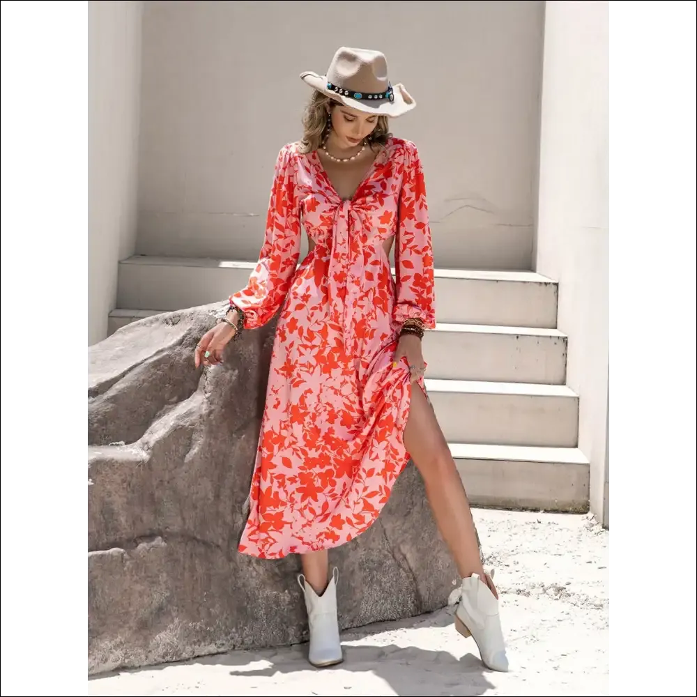 Chic Tied Cutout Printed Long Sleeve Midi Dress