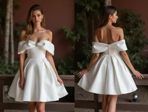 Chic White Mini Short Wedding Dress with a Satin Skirt for a Modern and Sophisticated Bridal Style