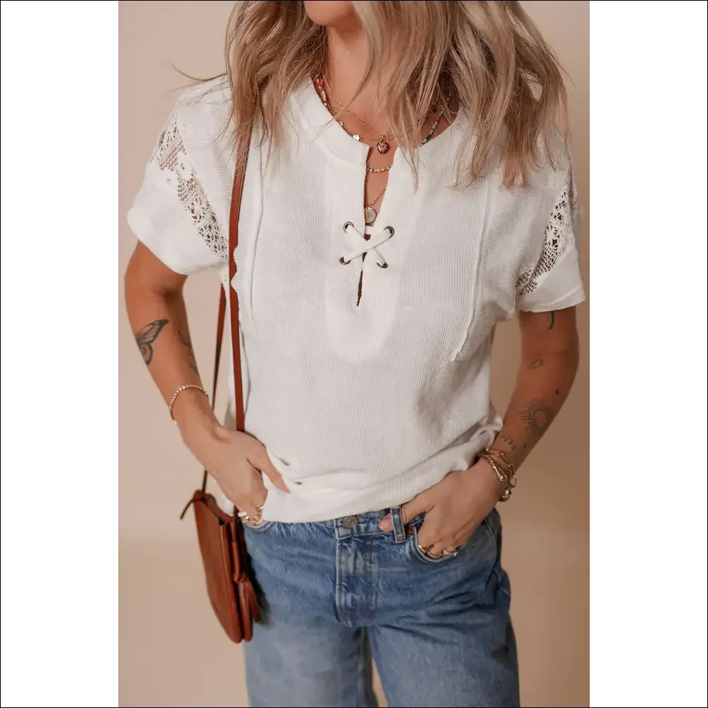 Chic White Ribbed Lace Top with Knot Detail
