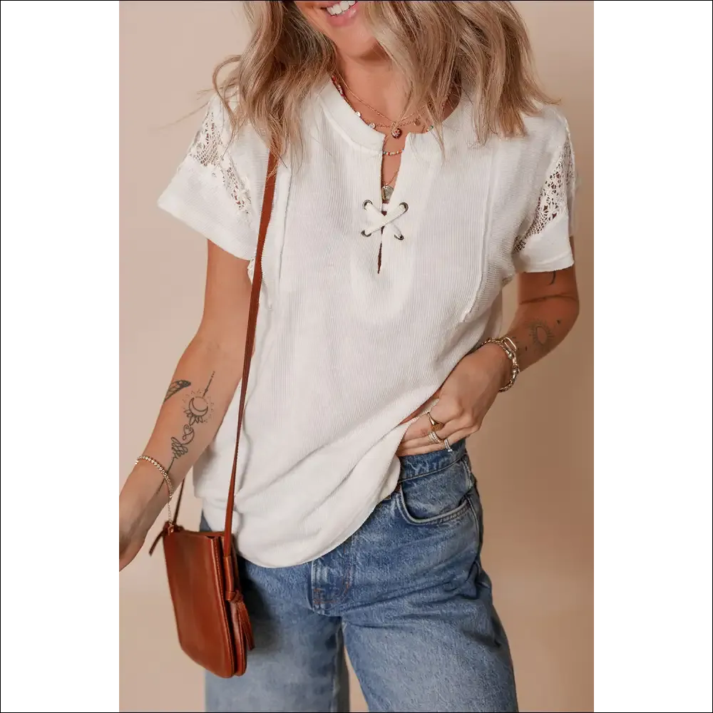 Chic White Ribbed Lace Top with Knot Detail