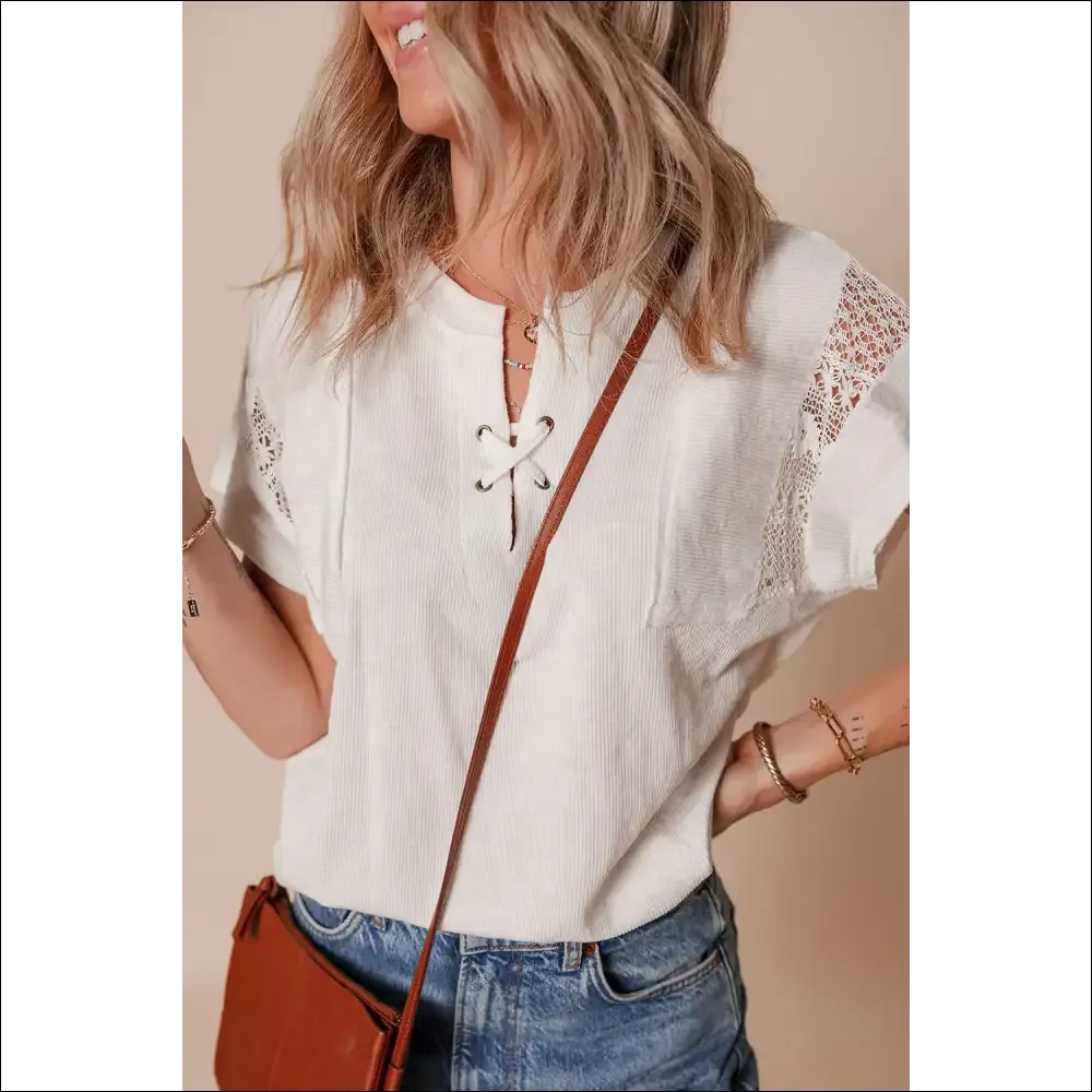 Chic White Ribbed Lace Top with Knot Detail