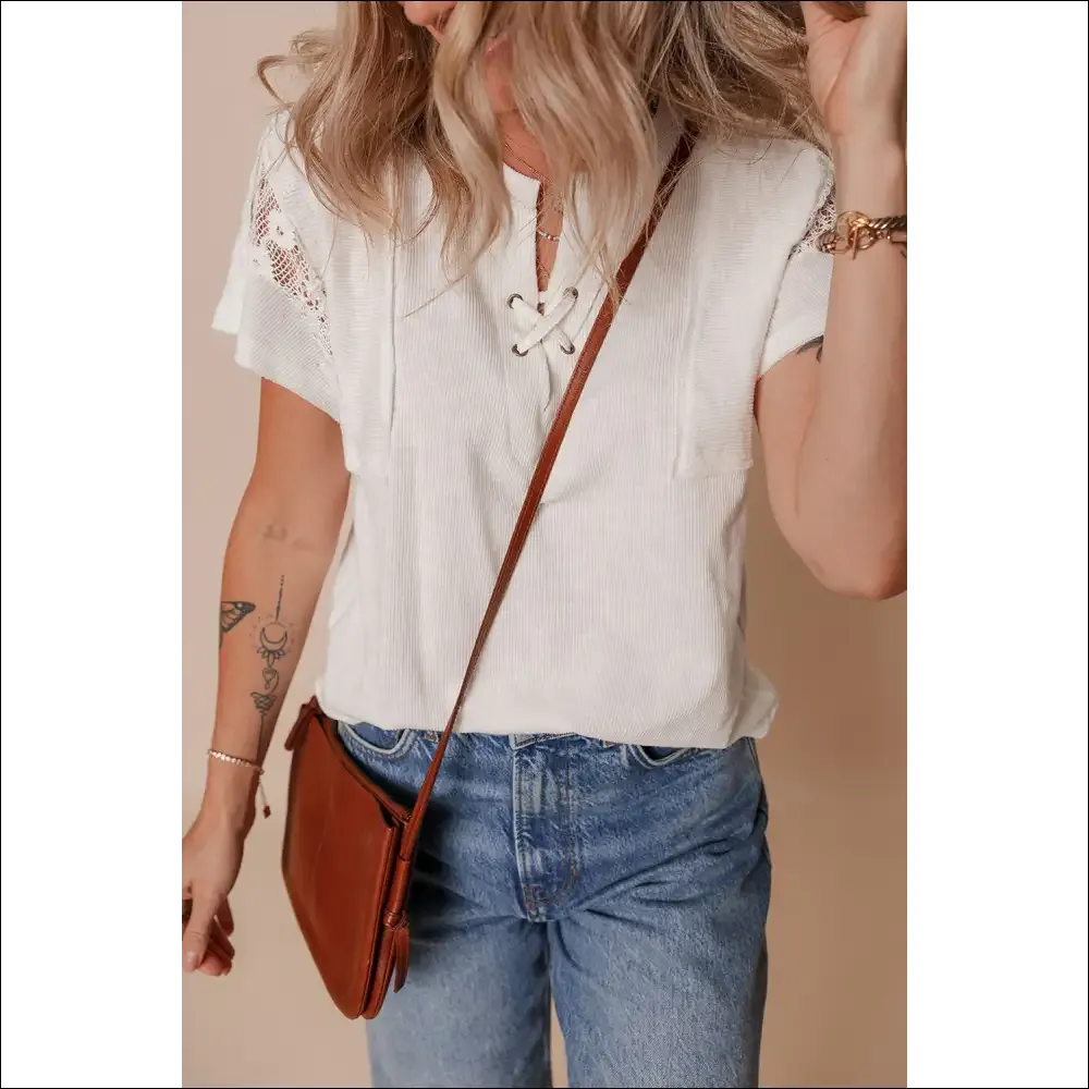 Chic White Ribbed Lace Top with Knot Detail