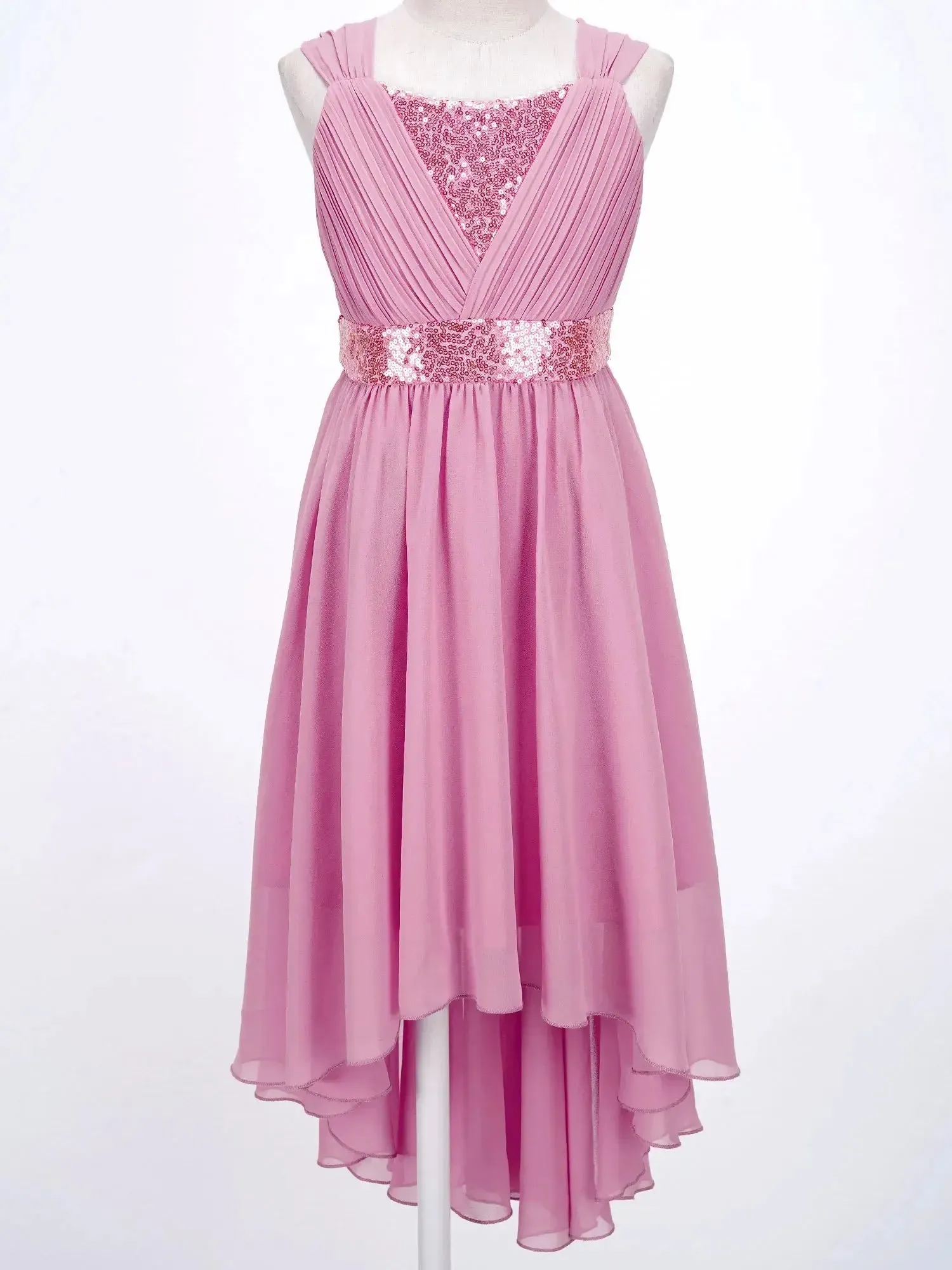 Children Flower Girls Dress Elegant Chiffon Princess Wedding Birthday Formal Party Dress Sleeveless Sequin Hi-low Maxi Gown