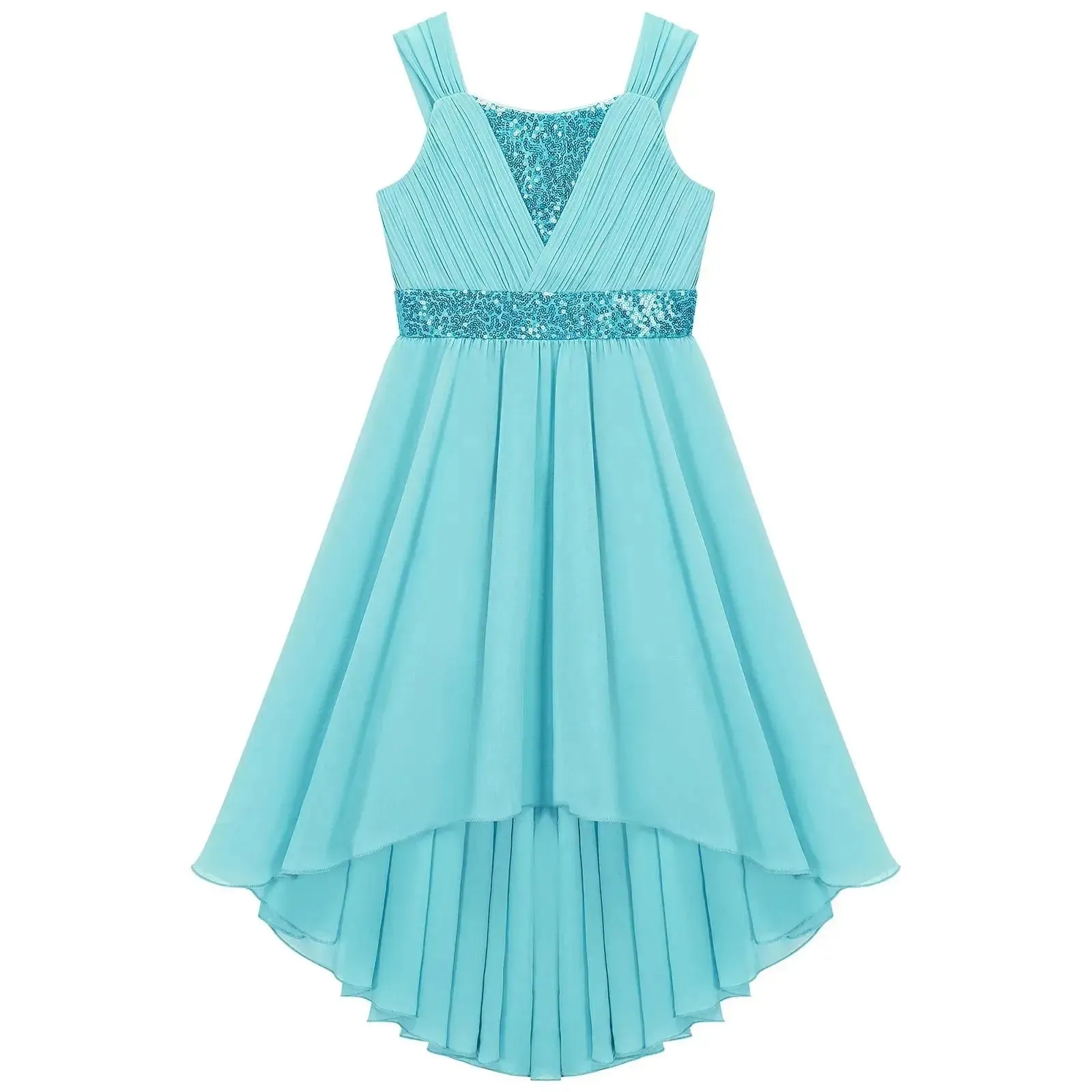 Children Flower Girls Dress Elegant Chiffon Princess Wedding Birthday Formal Party Dress Sleeveless Sequin Hi-low Maxi Gown