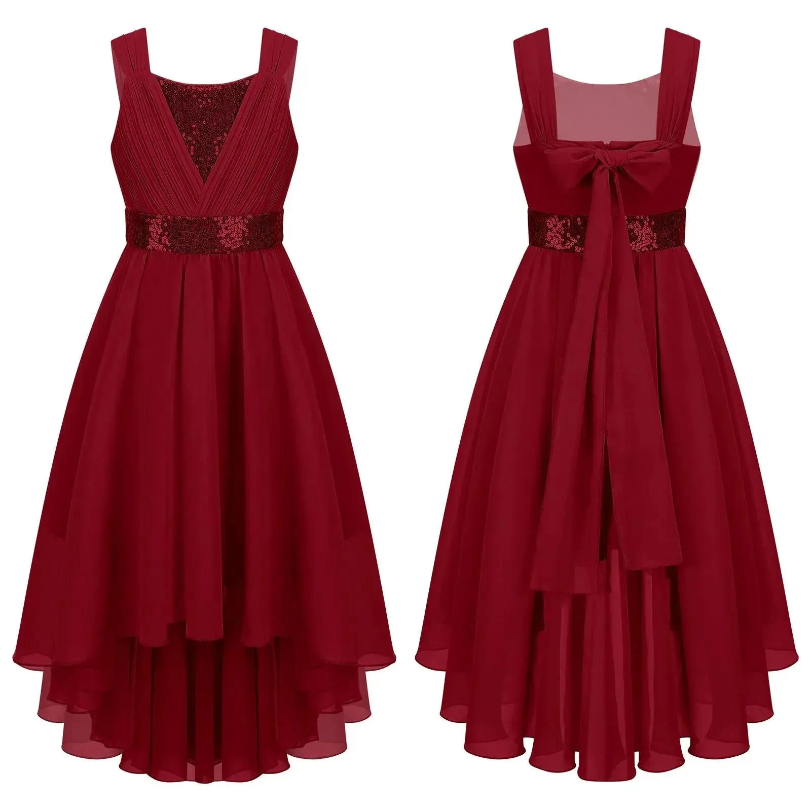 Children Flower Girls Dress Elegant Chiffon Princess Wedding Birthday Formal Party Dress Sleeveless Sequin Hi-low Maxi Gown