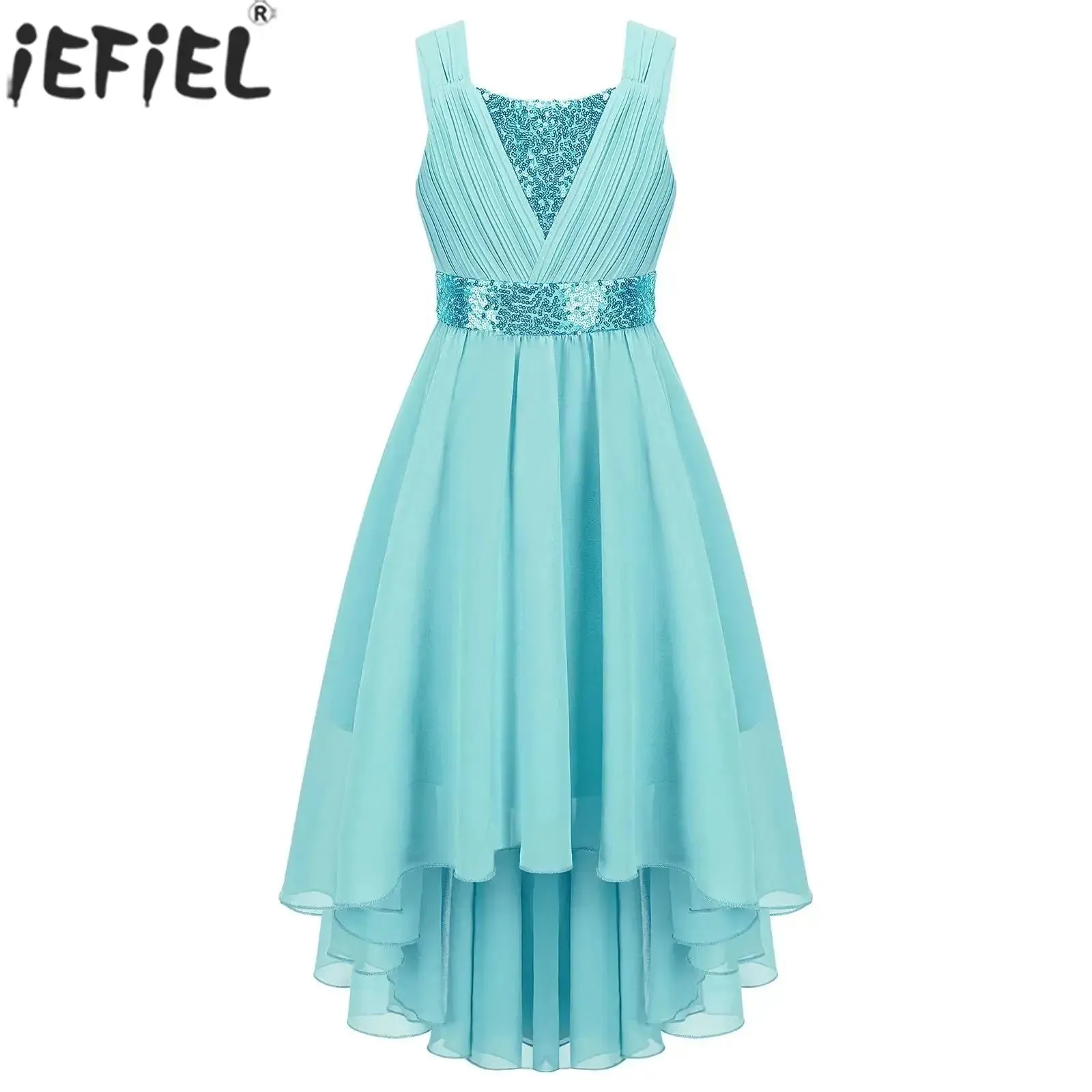 Children Flower Girls Dress Elegant Chiffon Princess Wedding Birthday Formal Party Dress Sleeveless Sequin Hi-low Maxi Gown