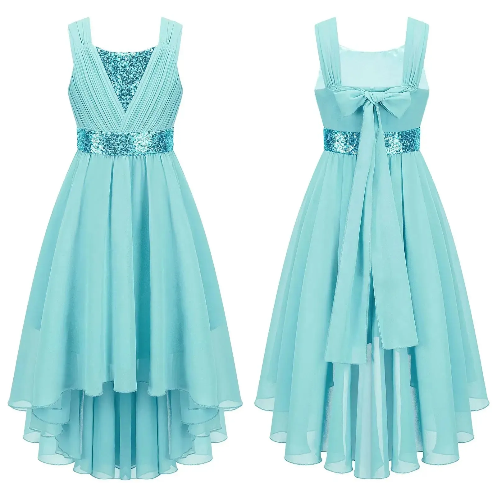 Children Flower Girls Dress Elegant Chiffon Princess Wedding Birthday Formal Party Dress Sleeveless Sequin Hi-low Maxi Gown