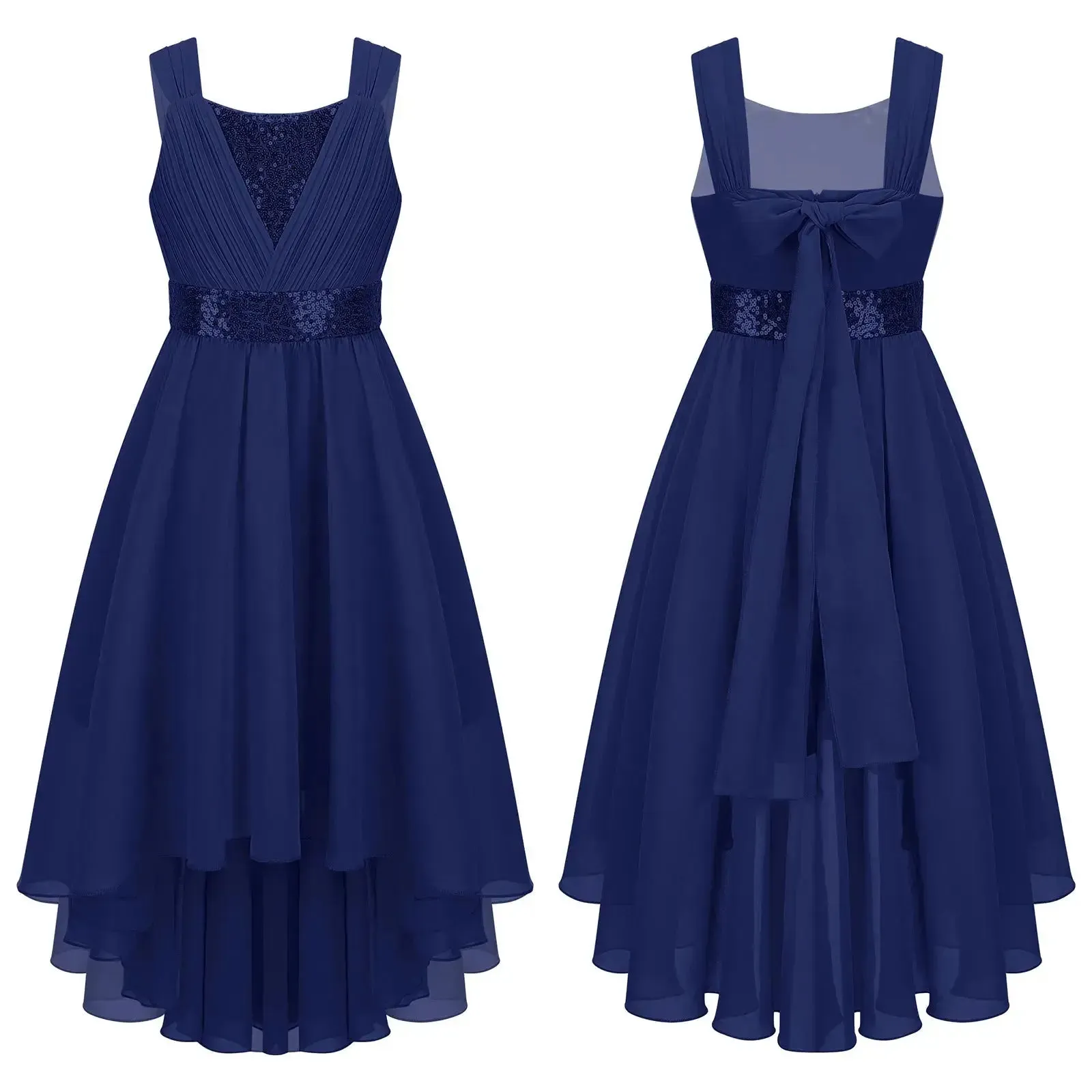 Children Flower Girls Dress Elegant Chiffon Princess Wedding Birthday Formal Party Dress Sleeveless Sequin Hi-low Maxi Gown