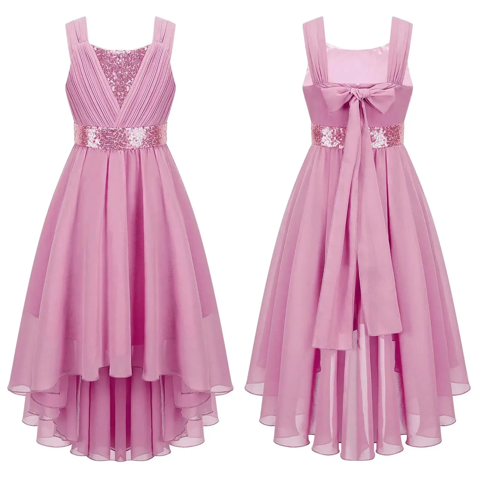 Children Flower Girls Dress Elegant Chiffon Princess Wedding Birthday Formal Party Dress Sleeveless Sequin Hi-low Maxi Gown