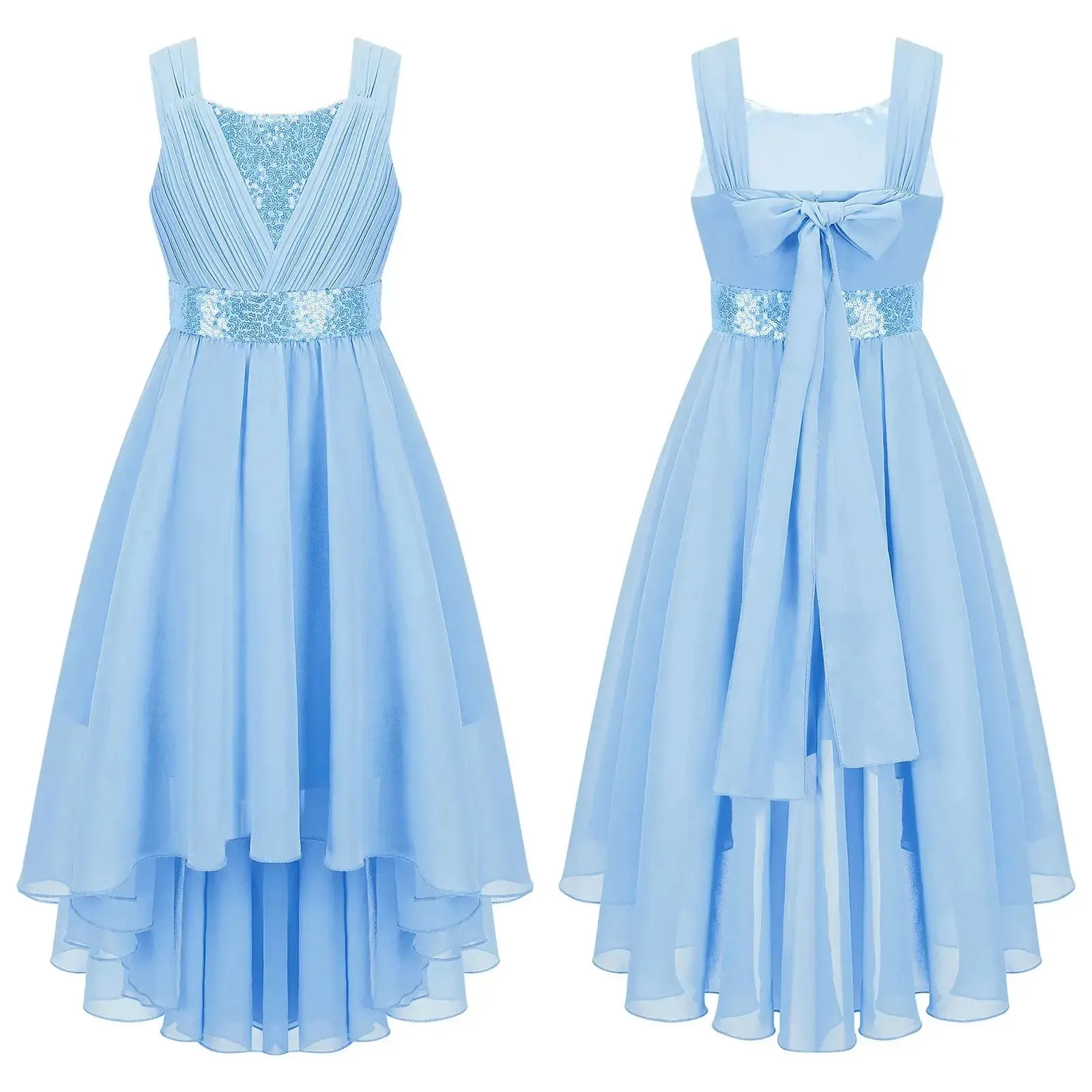 Children Flower Girls Dress Elegant Chiffon Princess Wedding Birthday Formal Party Dress Sleeveless Sequin Hi-low Maxi Gown
