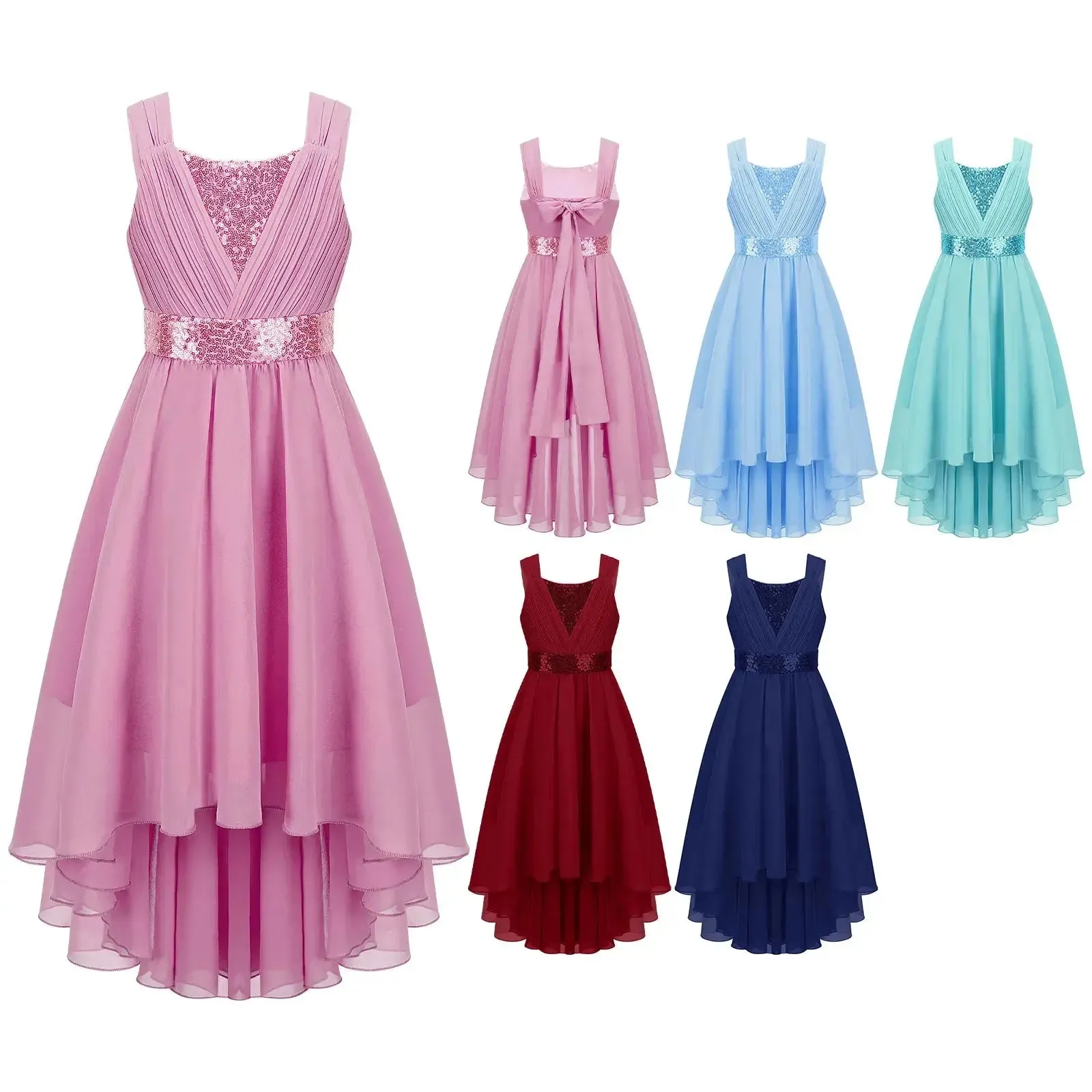 Children Flower Girls Dress Elegant Chiffon Princess Wedding Birthday Formal Party Dress Sleeveless Sequin Hi-low Maxi Gown