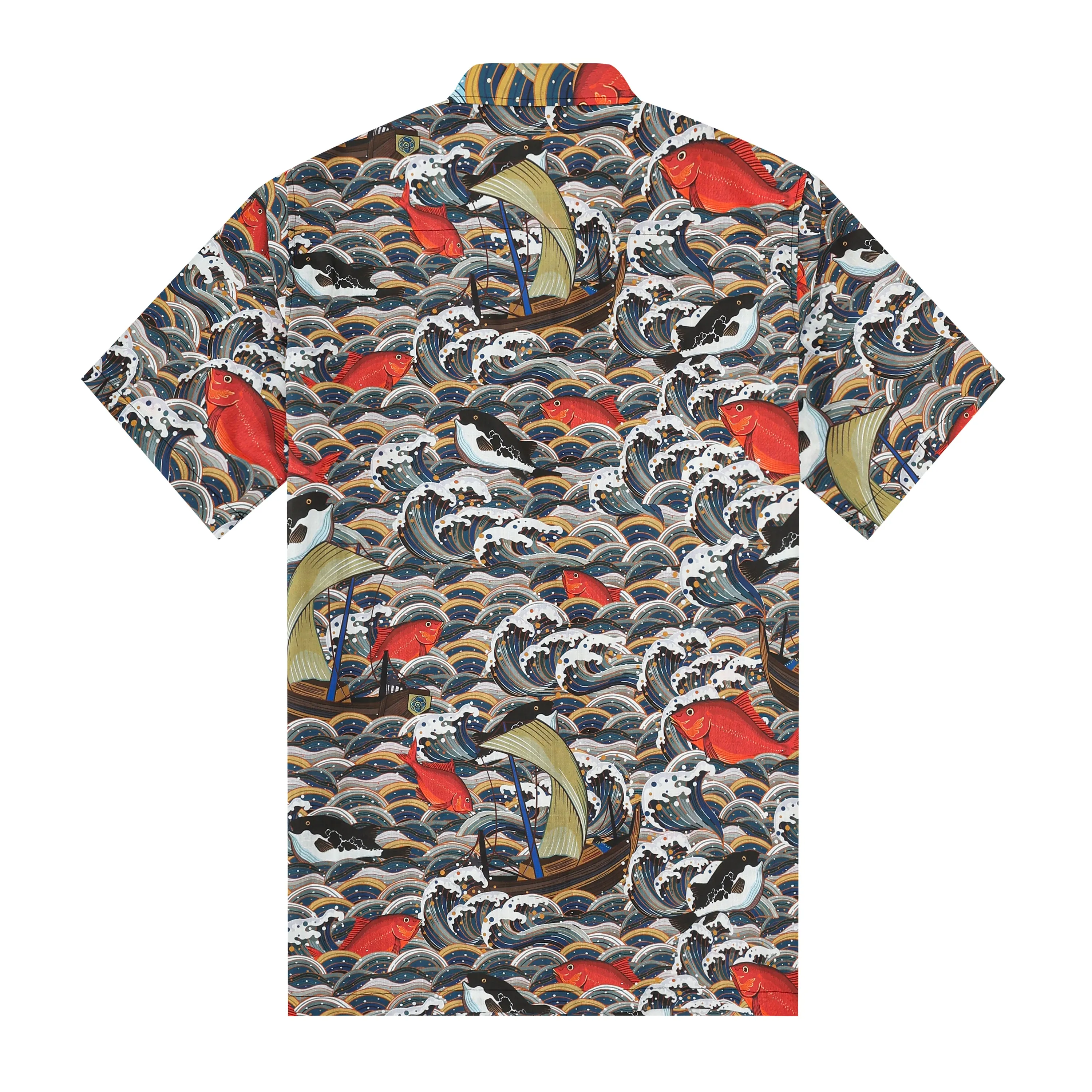 Crane Wave Koi Fish Pattern Button Short Sleeve Shirt