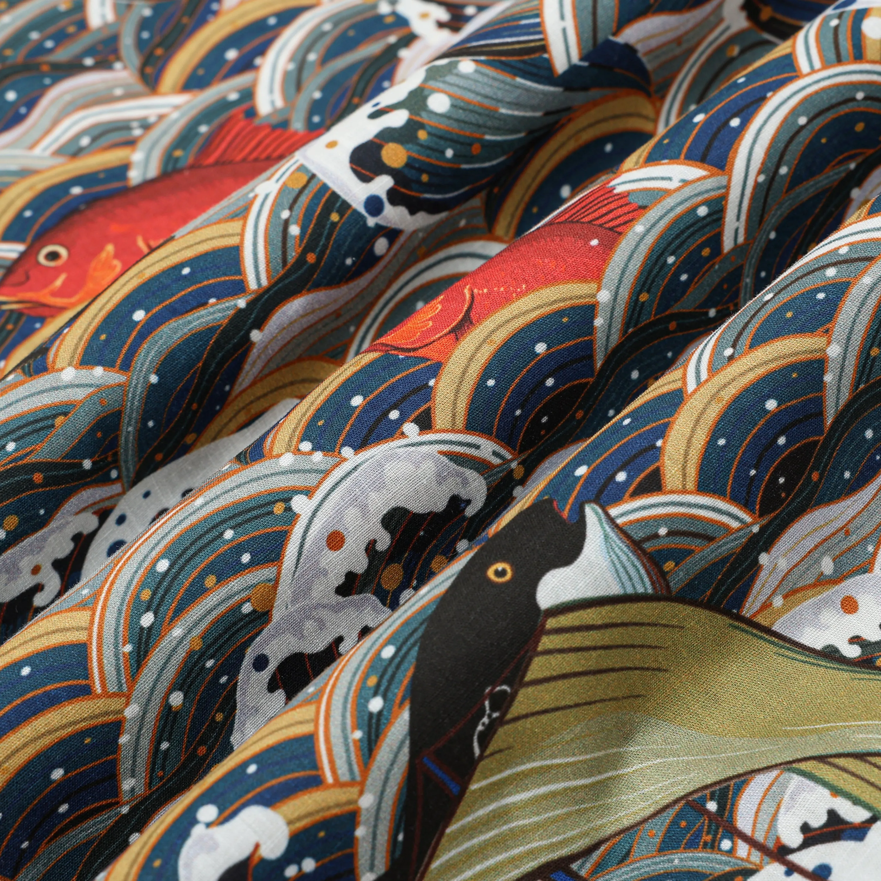 Crane Wave Koi Fish Pattern Button Short Sleeve Shirt