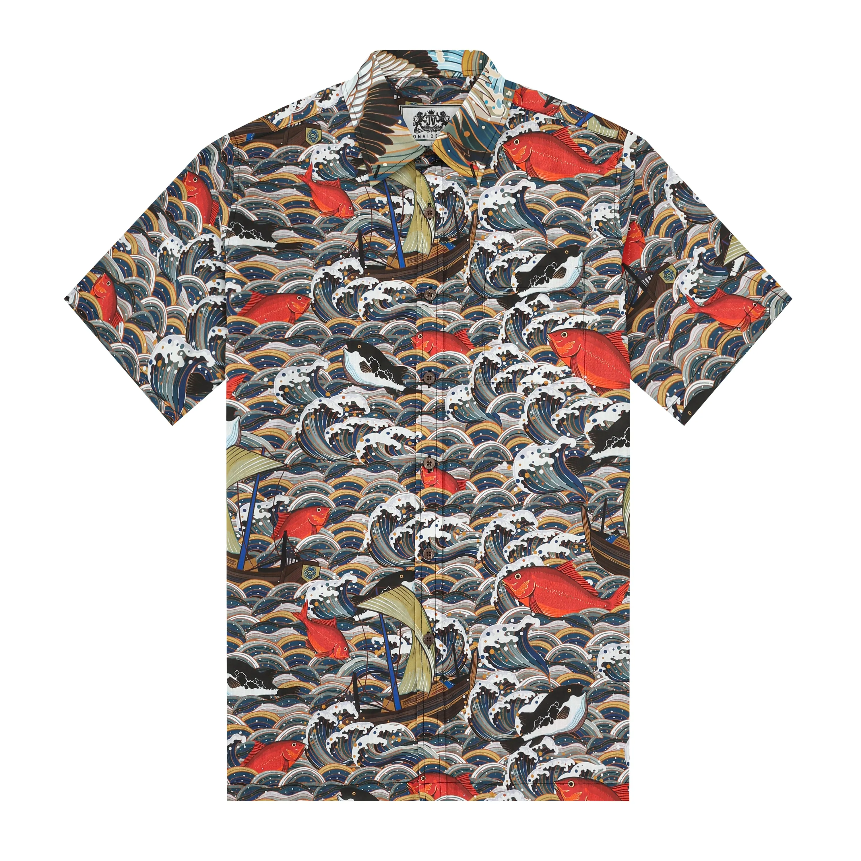 Crane Wave Koi Fish Pattern Button Short Sleeve Shirt