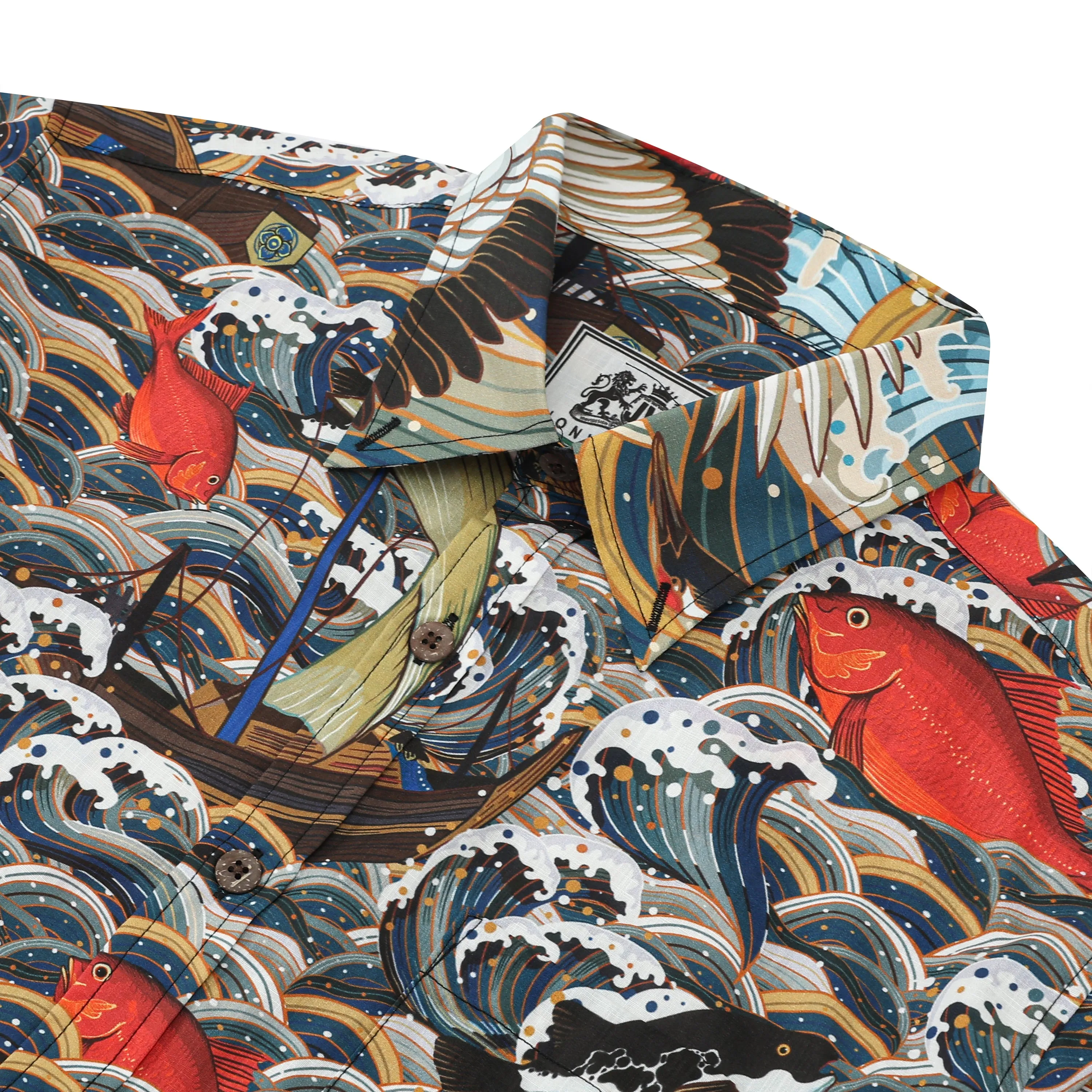 Crane Wave Koi Fish Pattern Button Short Sleeve Shirt