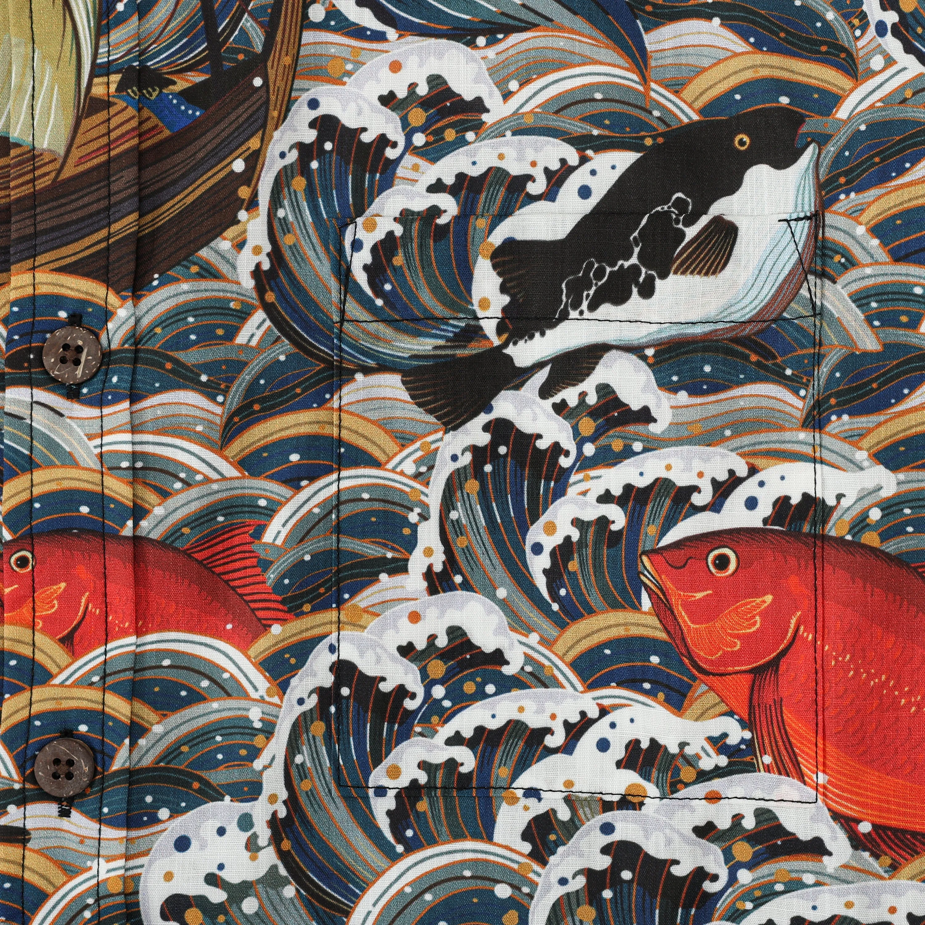 Crane Wave Koi Fish Pattern Button Short Sleeve Shirt