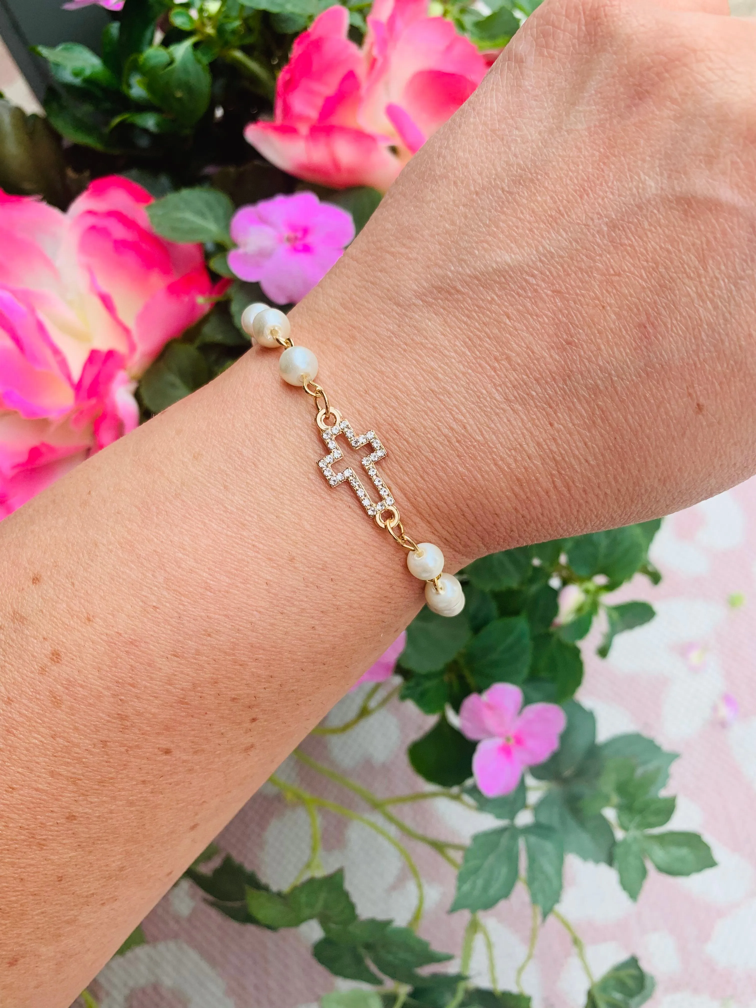 Cross bracelets Pearls, gold & rhinestones Womens fashion jewelry