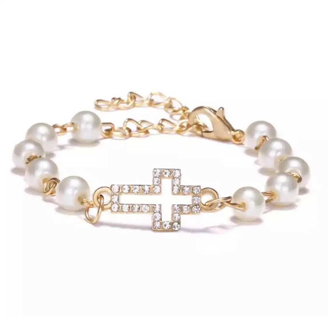 Cross bracelets Pearls, gold & rhinestones Womens fashion jewelry
