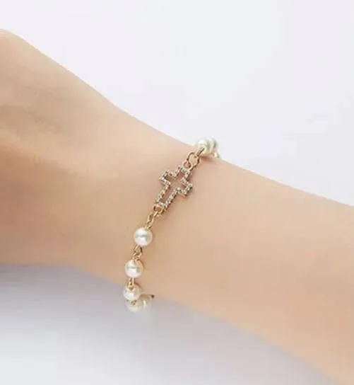 Cross bracelets Pearls, gold & rhinestones Womens fashion jewelry