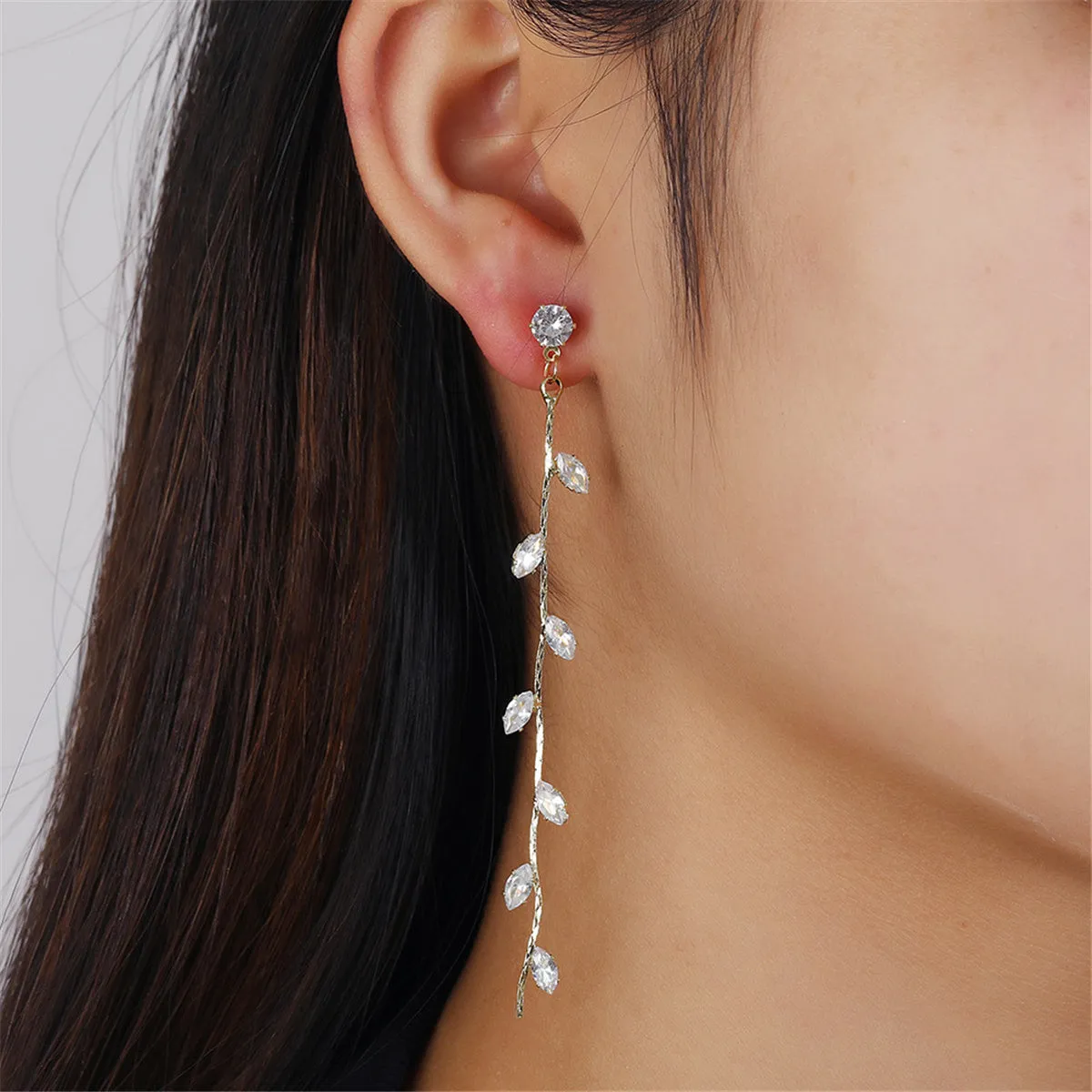 Crystal & 18K Gold-Plated Leaf Strand Drop Earrings