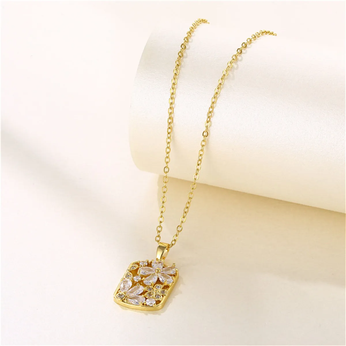 Crystal & Cubic Zirconia Flower Rectangle Pendant Necklace