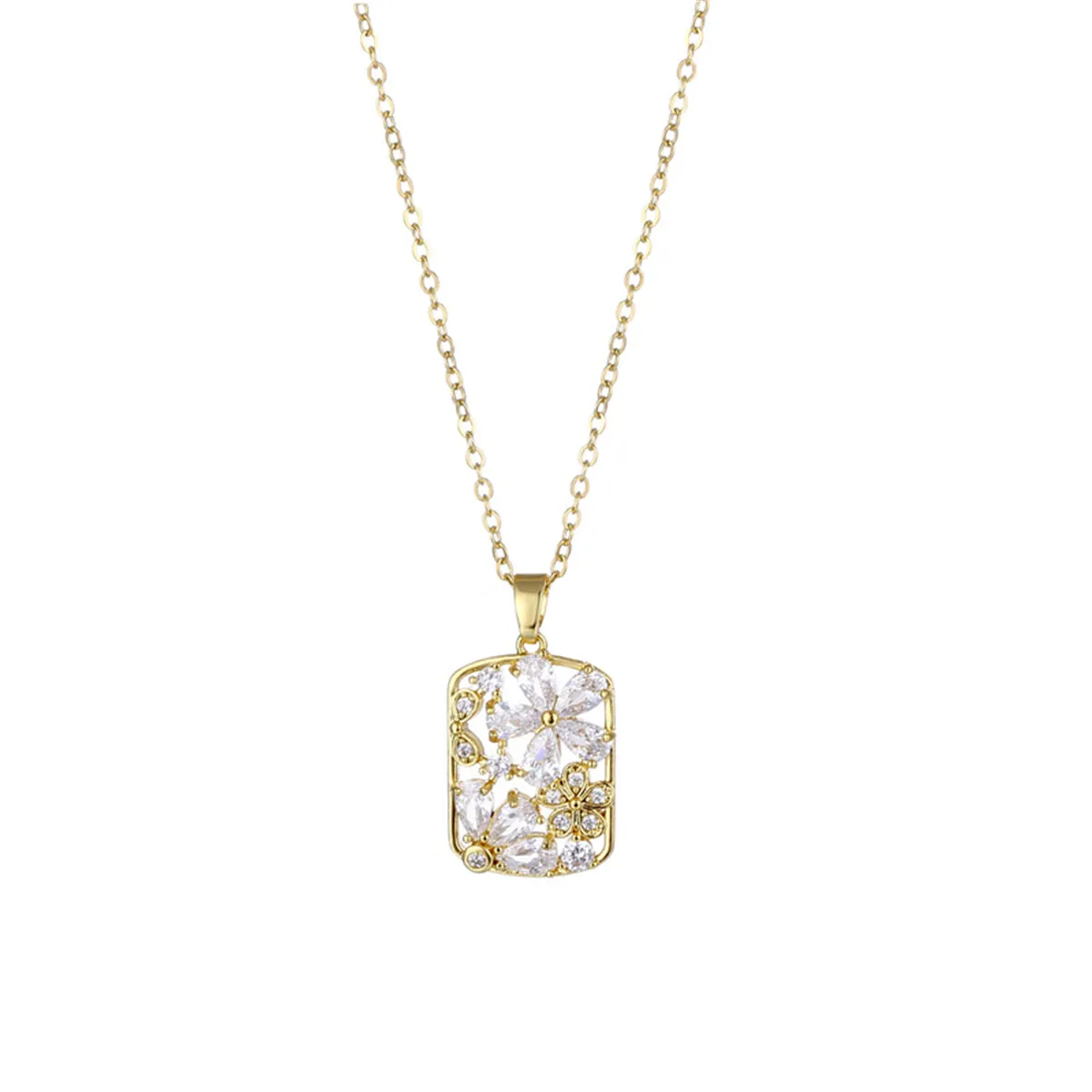 Crystal & Cubic Zirconia Flower Rectangle Pendant Necklace
