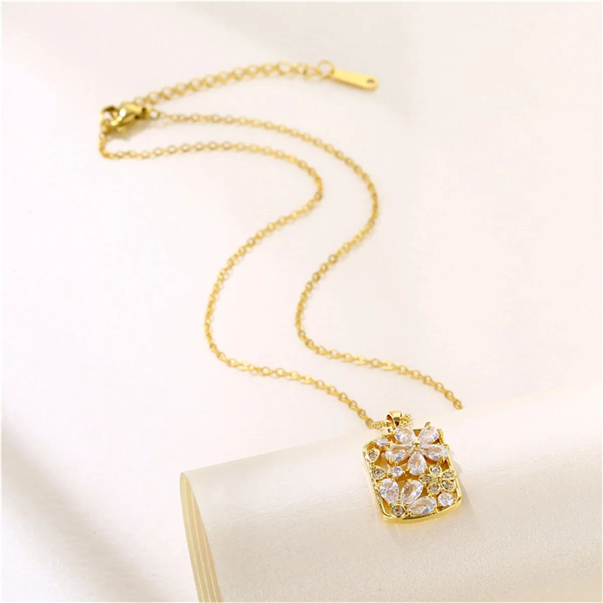 Crystal & Cubic Zirconia Flower Rectangle Pendant Necklace