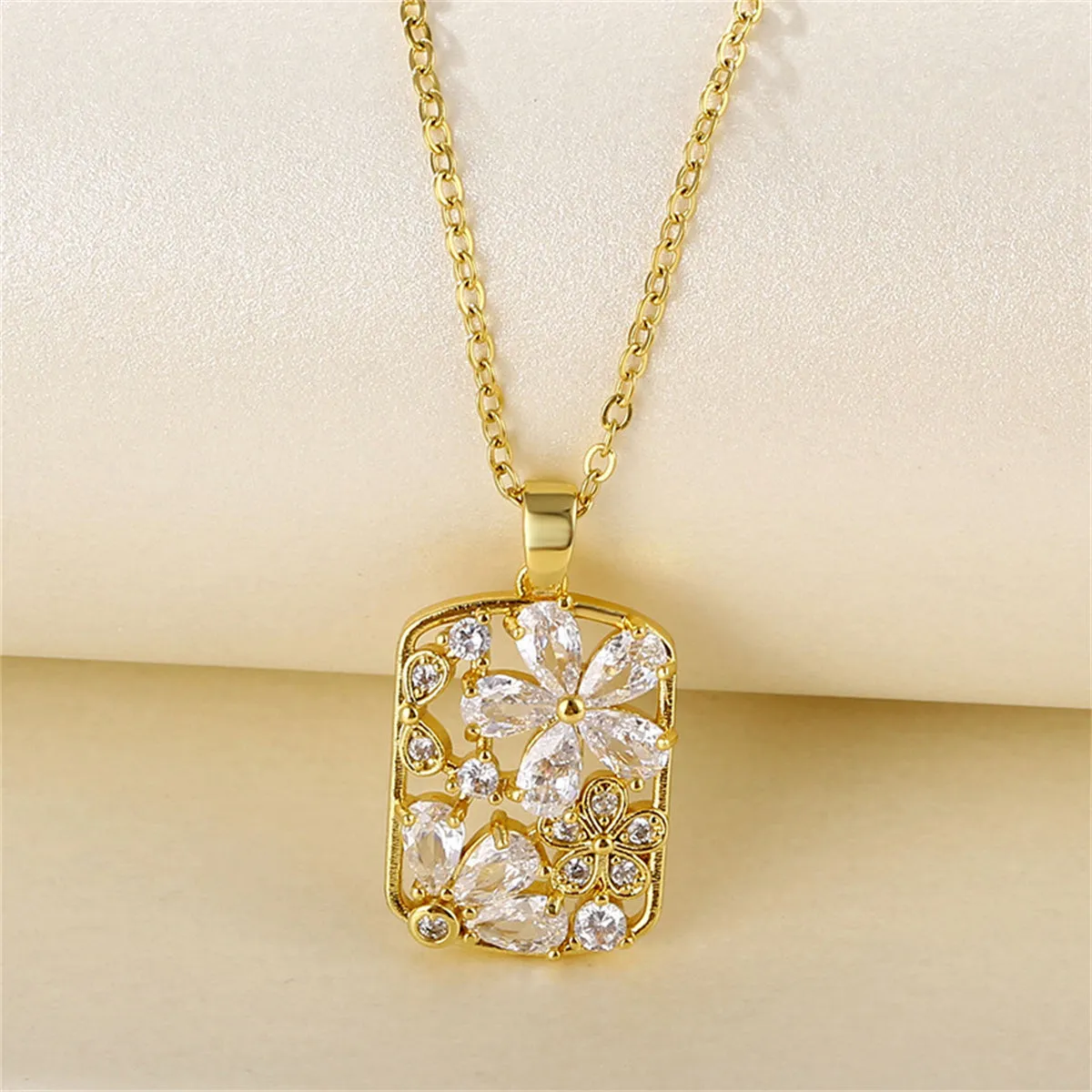 Crystal & Cubic Zirconia Flower Rectangle Pendant Necklace