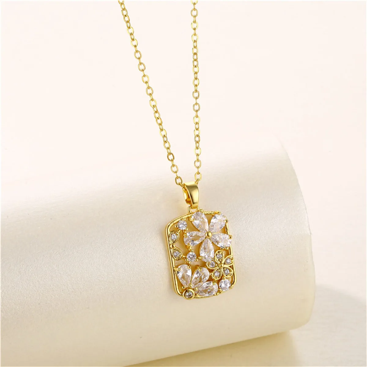 Crystal & Cubic Zirconia Flower Rectangle Pendant Necklace