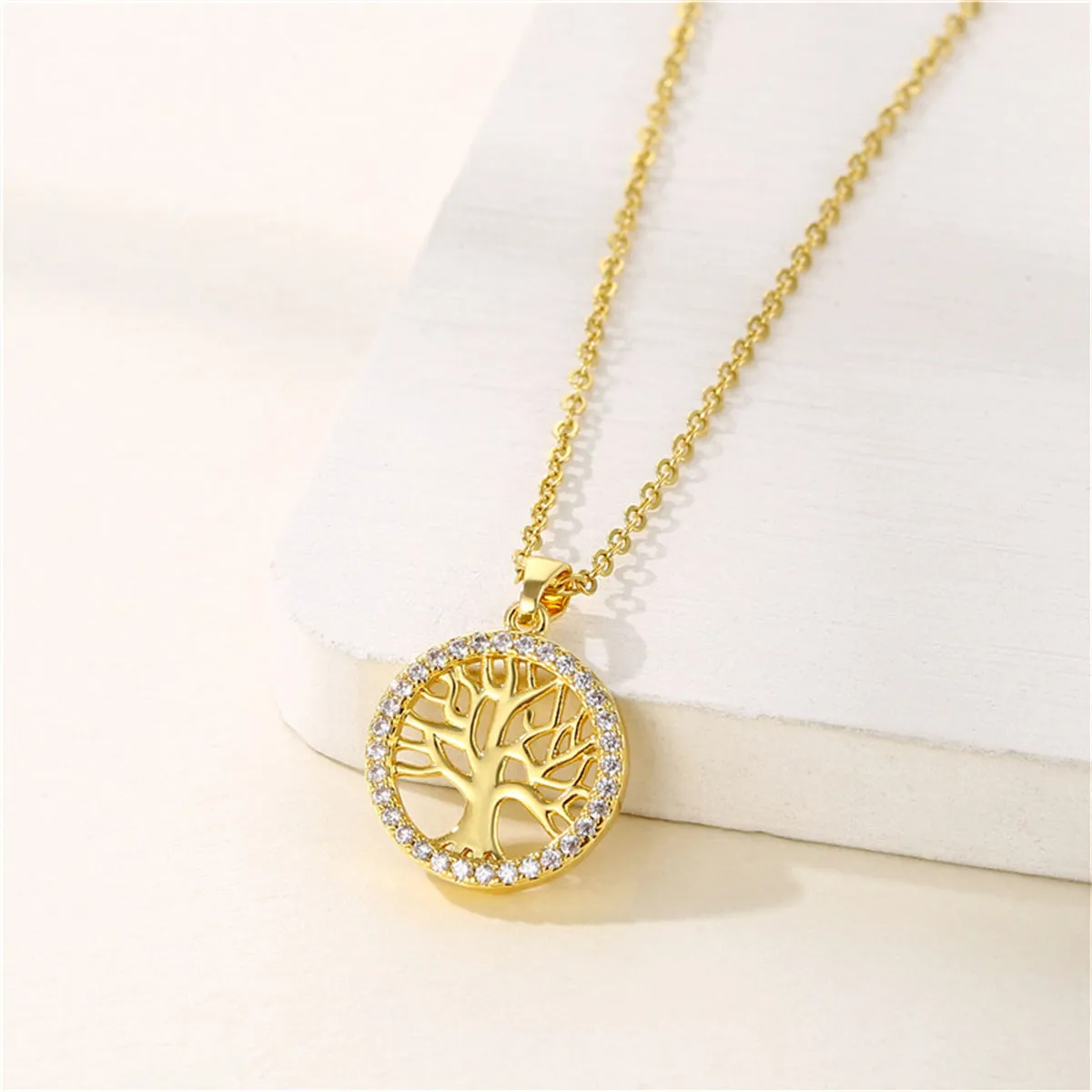 Cubic Zirconia & 18K Gold-Plated Life Tree Pendant Necklace