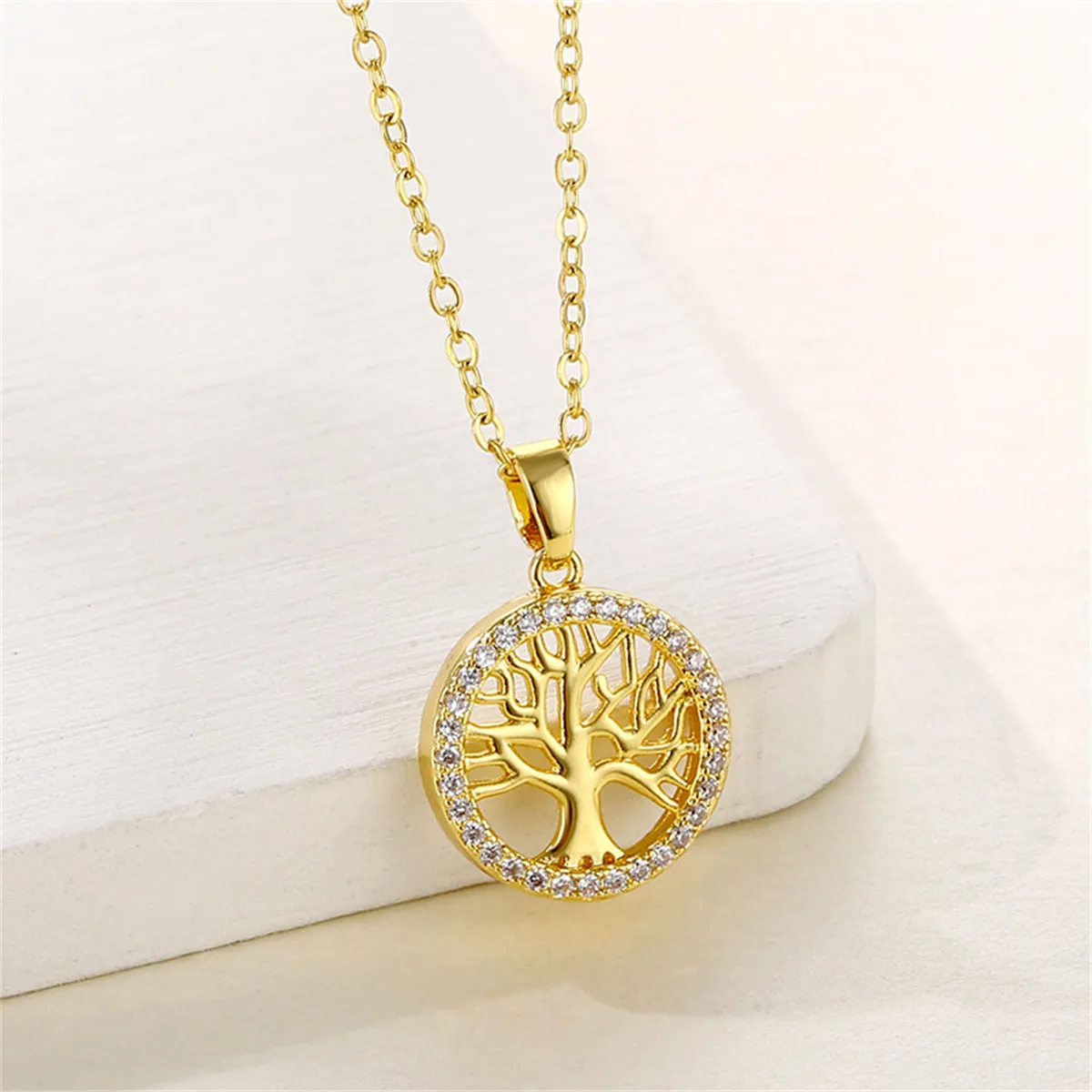 Cubic Zirconia & 18K Gold-Plated Life Tree Pendant Necklace