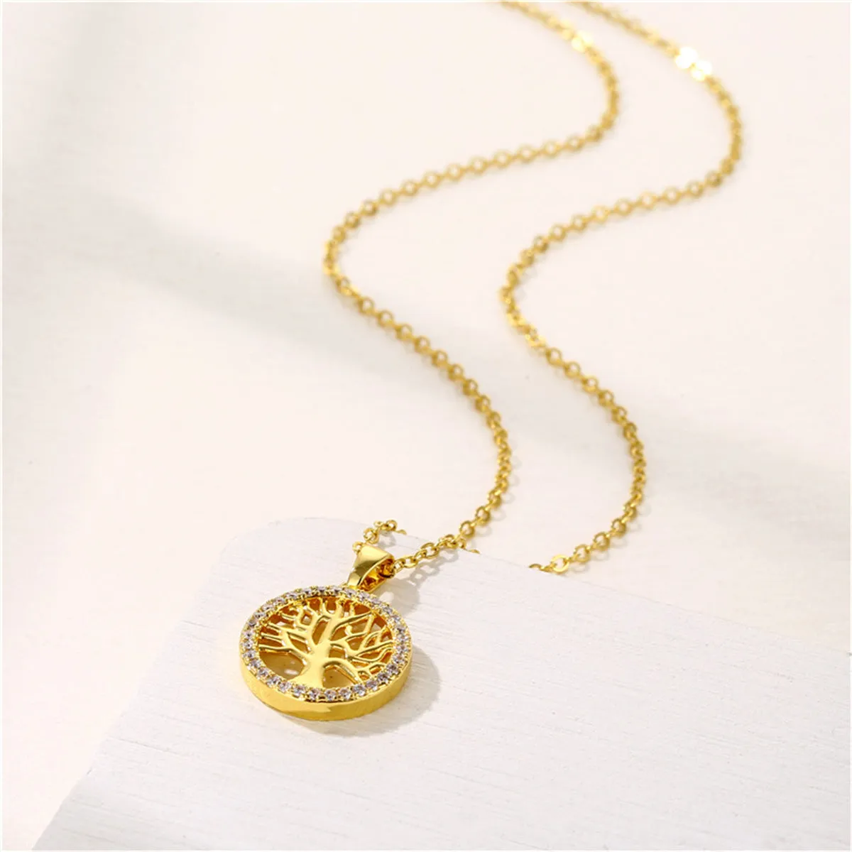 Cubic Zirconia & 18K Gold-Plated Life Tree Pendant Necklace