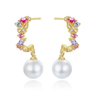 Cubic Zirconia & Pearl 18K Gold-Plated Butterfly Huggie Earrings