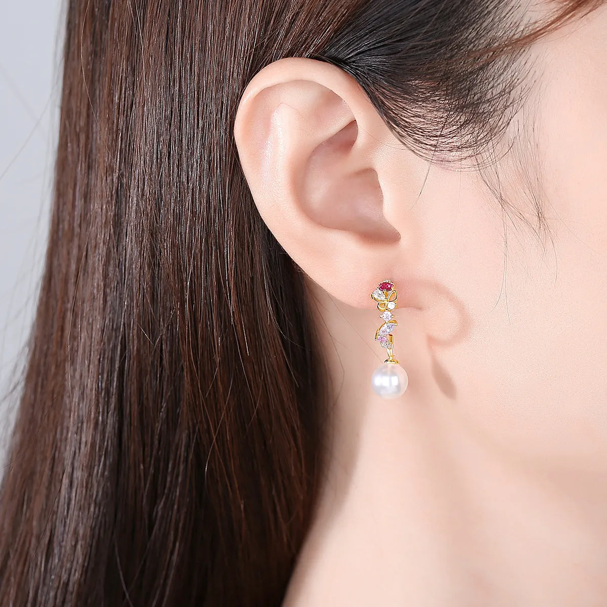 Cubic Zirconia & Pearl 18K Gold-Plated Butterfly Huggie Earrings