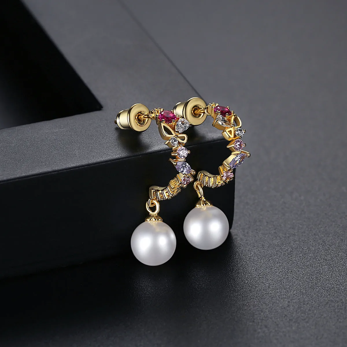 Cubic Zirconia & Pearl 18K Gold-Plated Butterfly Huggie Earrings