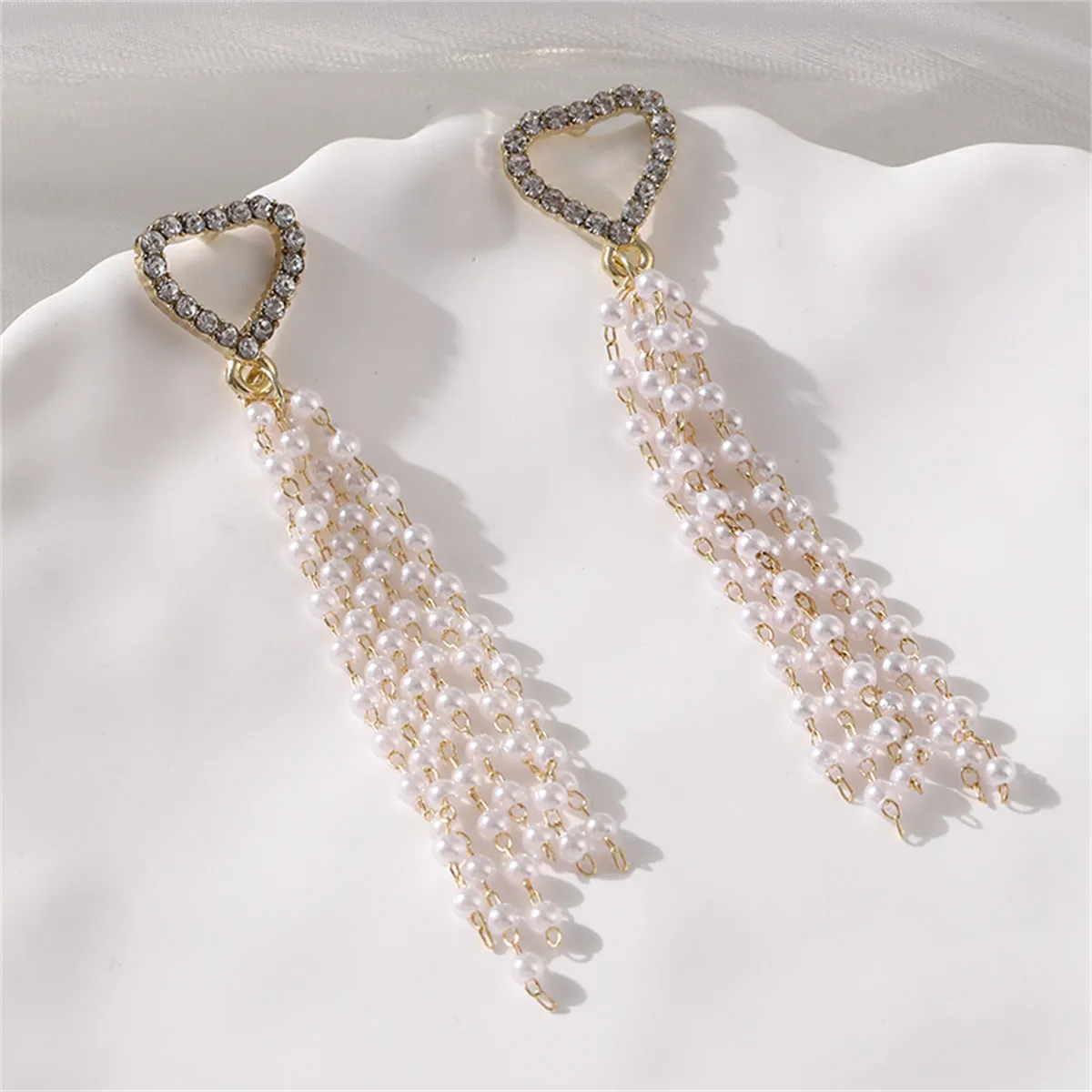Cubic Zirconia & Pearl 18K Gold-Plated Heart Tassel Drop Earrings