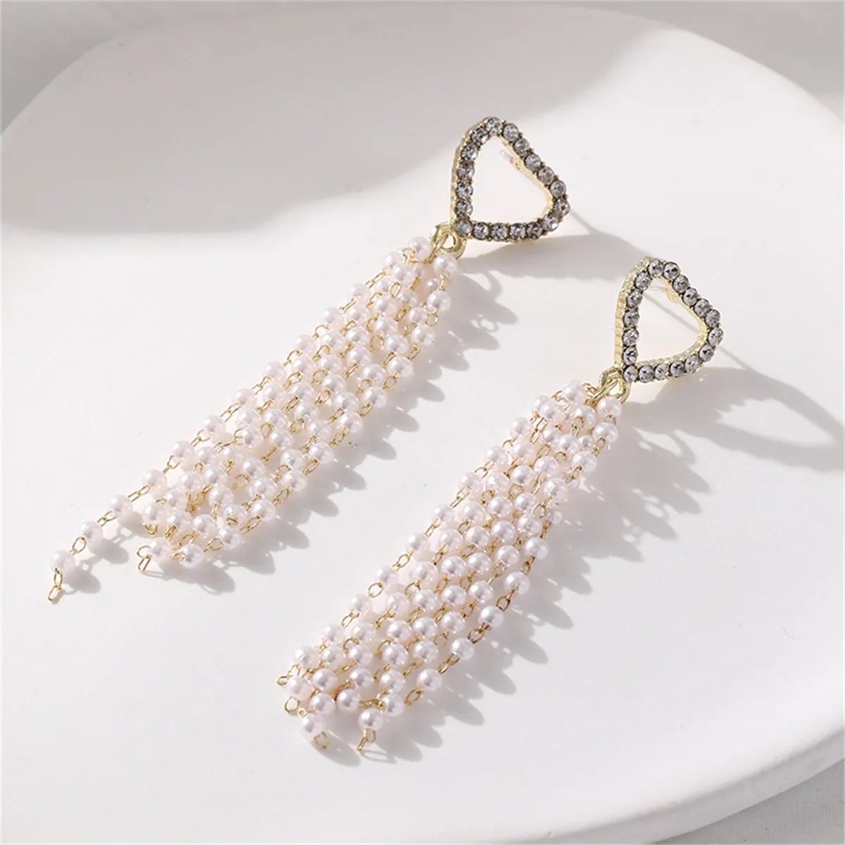 Cubic Zirconia & Pearl 18K Gold-Plated Heart Tassel Drop Earrings