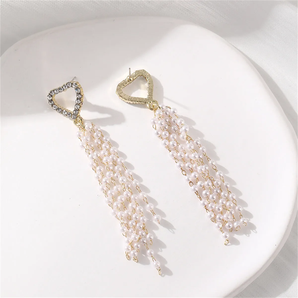 Cubic Zirconia & Pearl 18K Gold-Plated Heart Tassel Drop Earrings