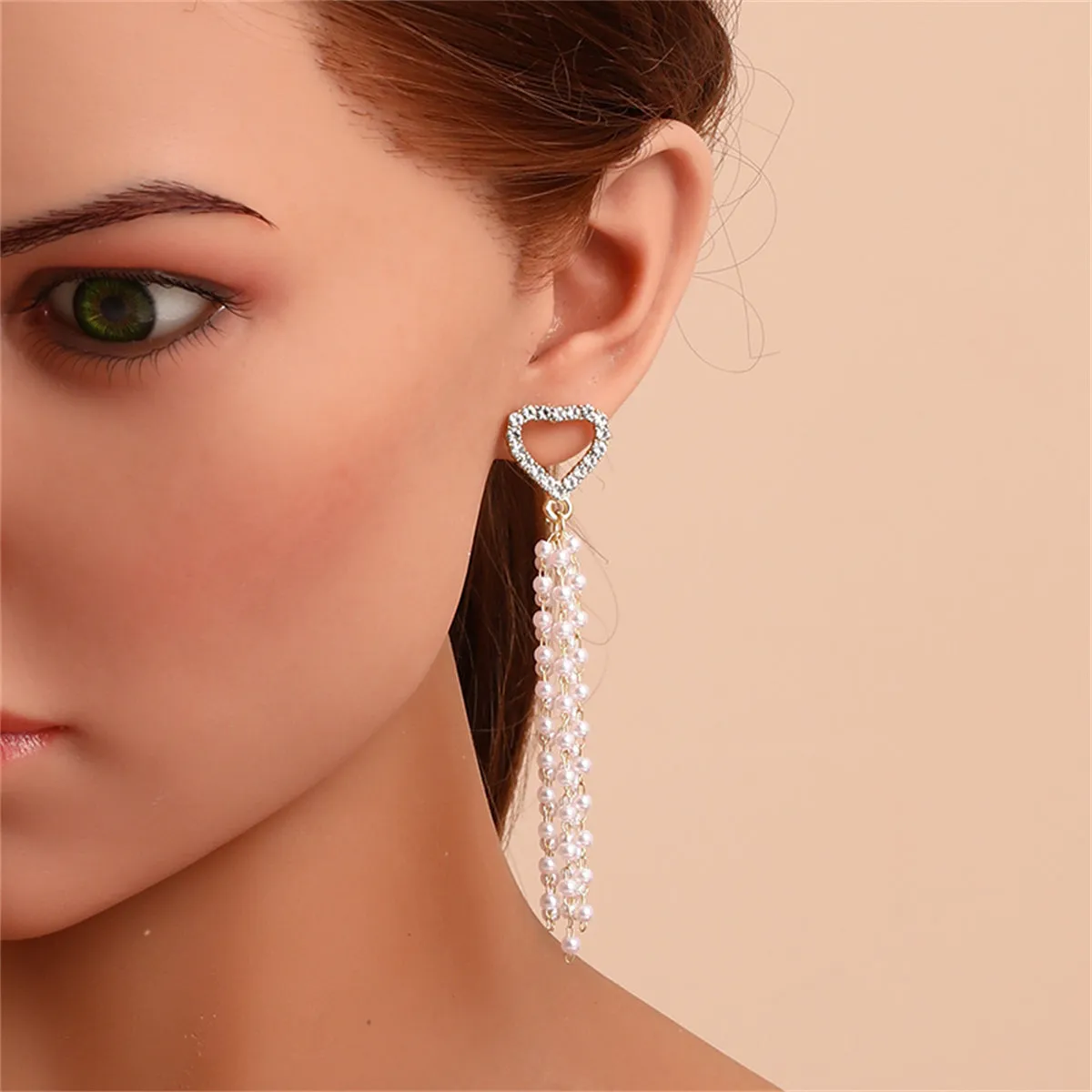 Cubic Zirconia & Pearl 18K Gold-Plated Heart Tassel Drop Earrings