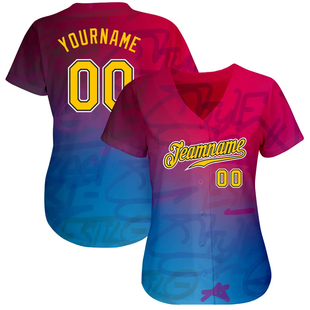 Custom Graffiti Pattern Gold-Black 3D Authentic Baseball Jersey