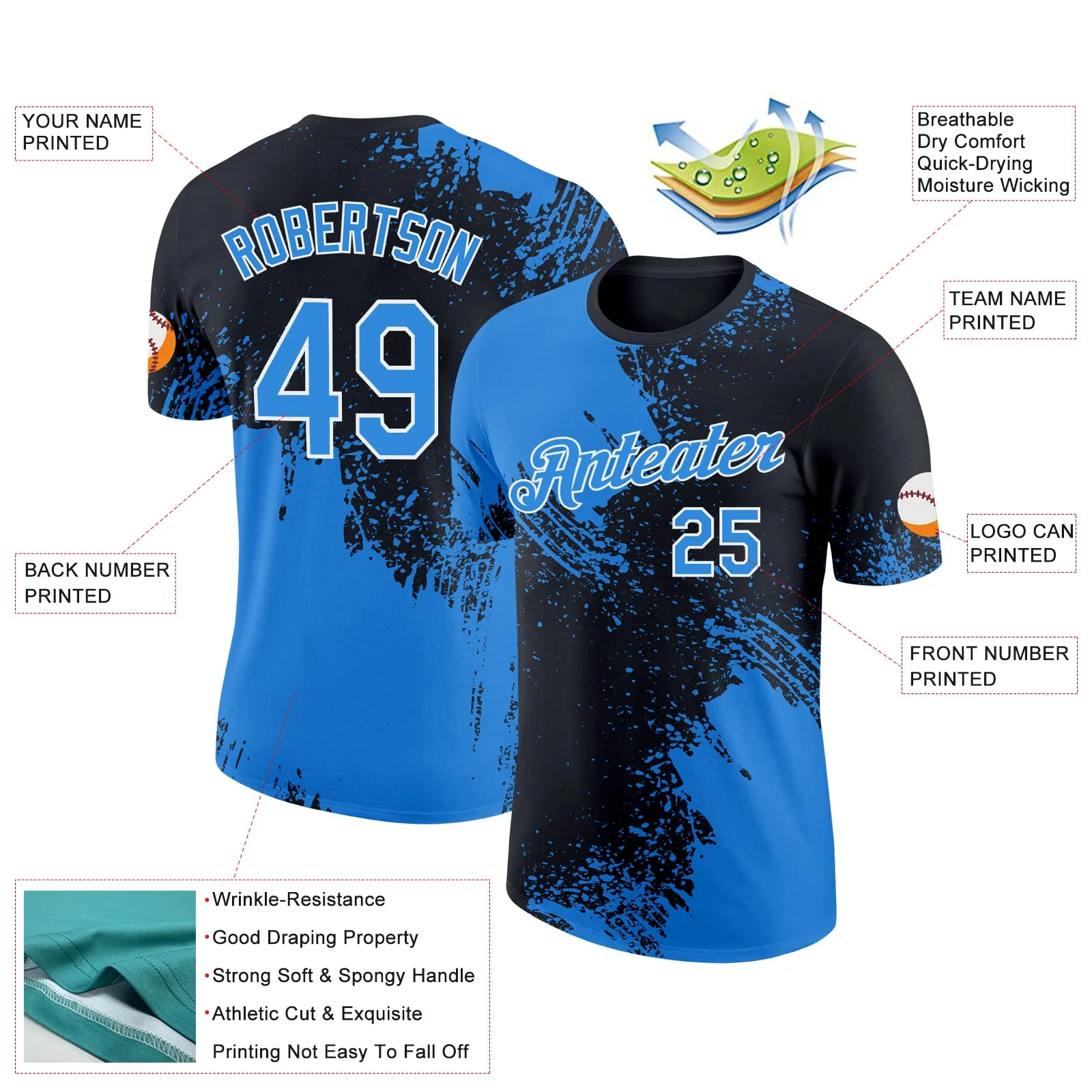 Custom Powder Blue Black-White 3D Pattern Design Abstract Brush Stroke Performance T-Shirt