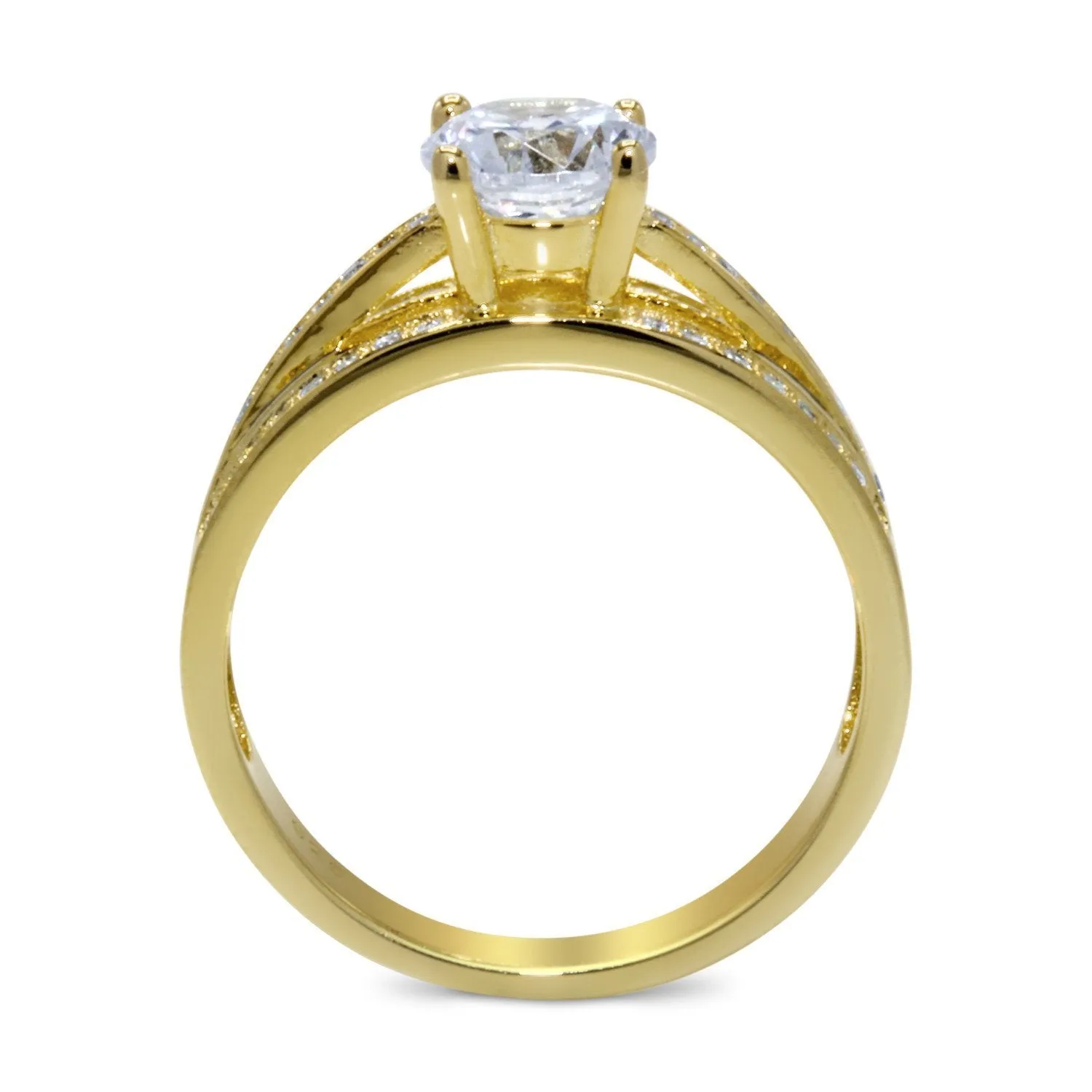 CZ 6mm Center Stone Sterling Silver Gold Plated Crossover Halo Engagement Ring