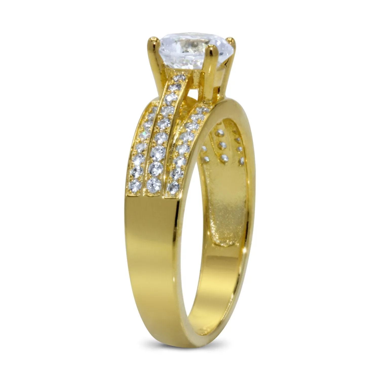 CZ 6mm Center Stone Sterling Silver Gold Plated Crossover Halo Engagement Ring